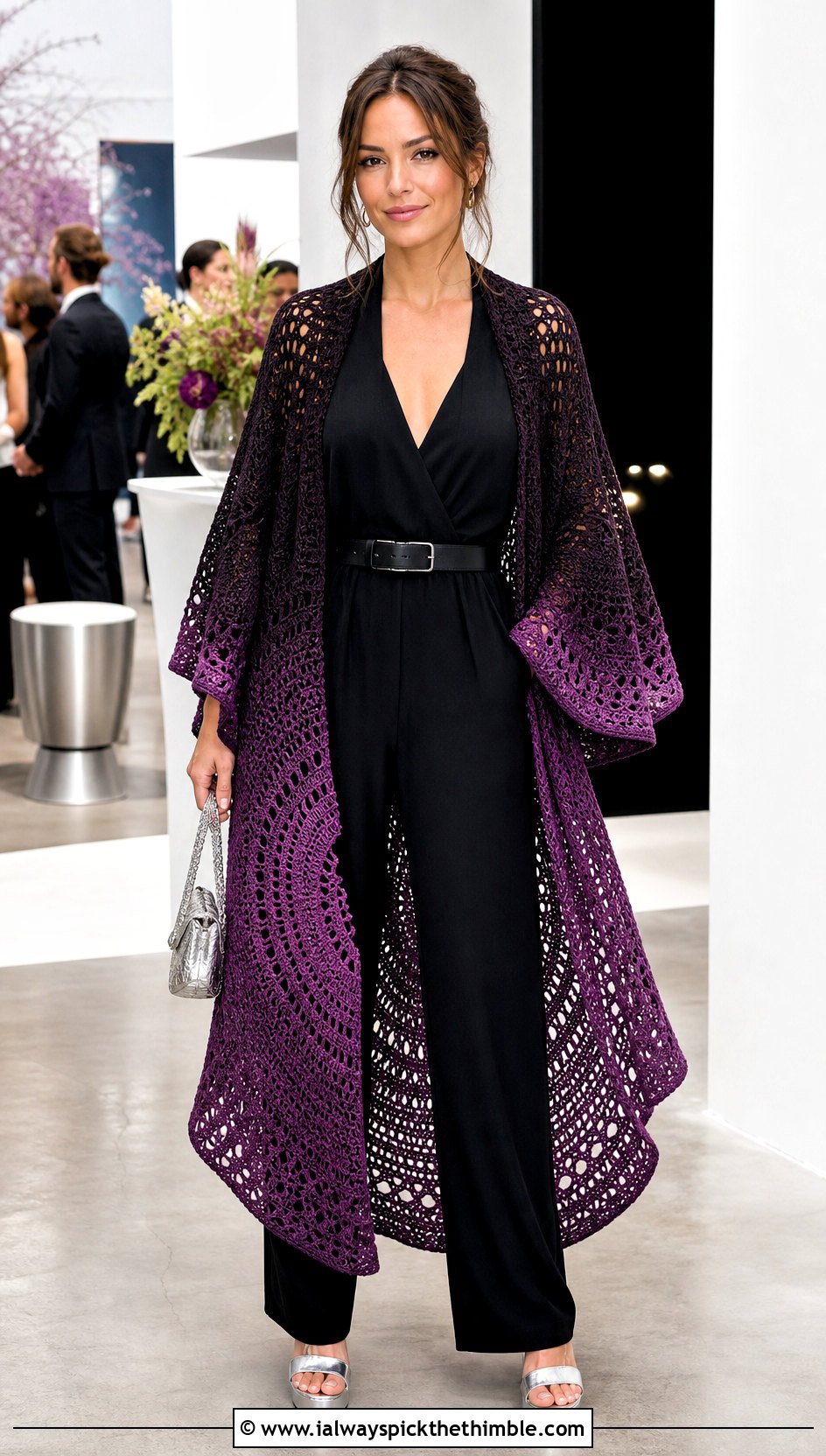 Ombre Circle Crochet Cardigan With Black Jumpsuit - 20 circle crochet cardigan outfit ideas