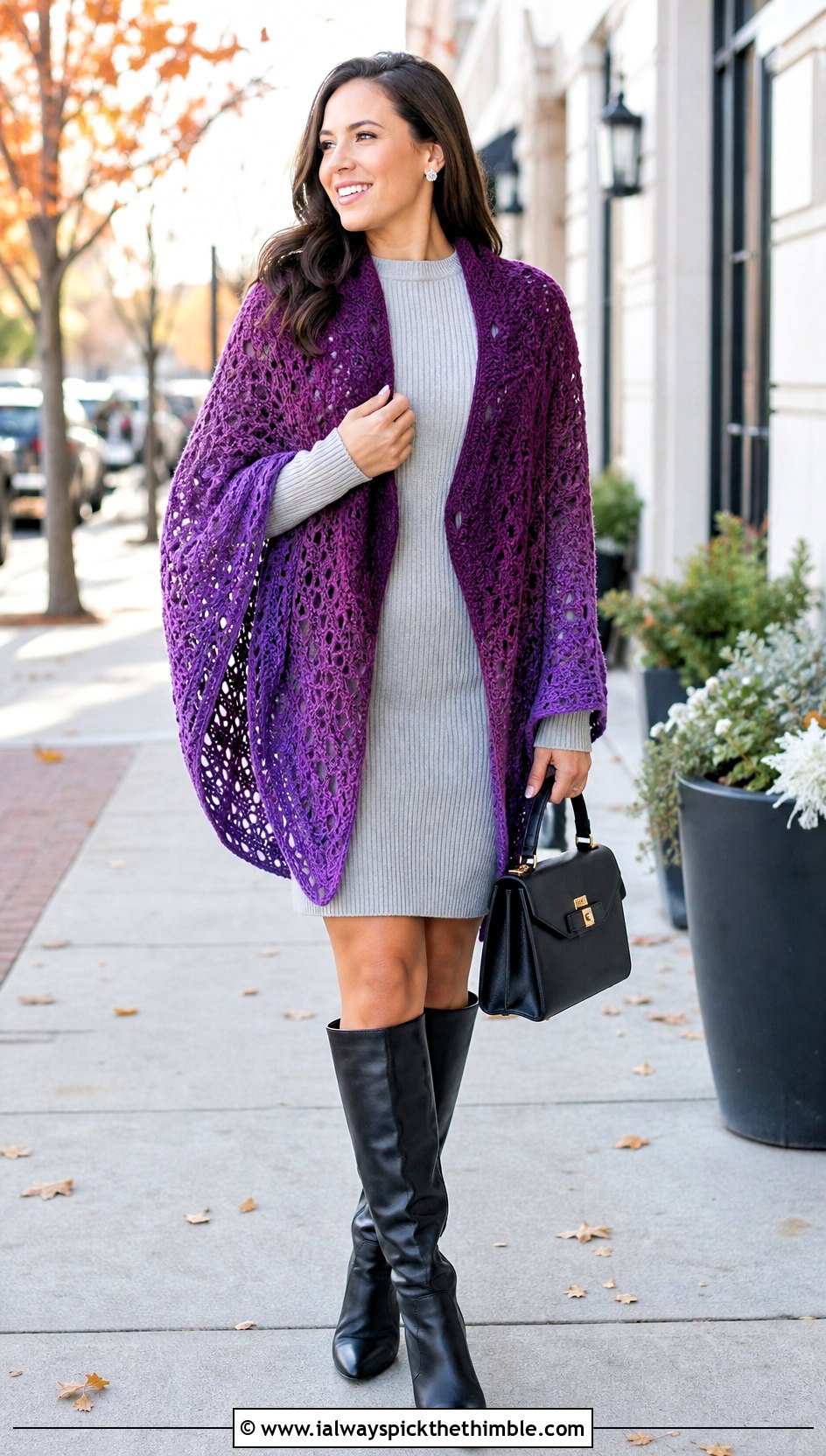 Ombre Circle Crochet Shawl With Sweater Dress - 20 Circle Crochet Shawl outfit ideas