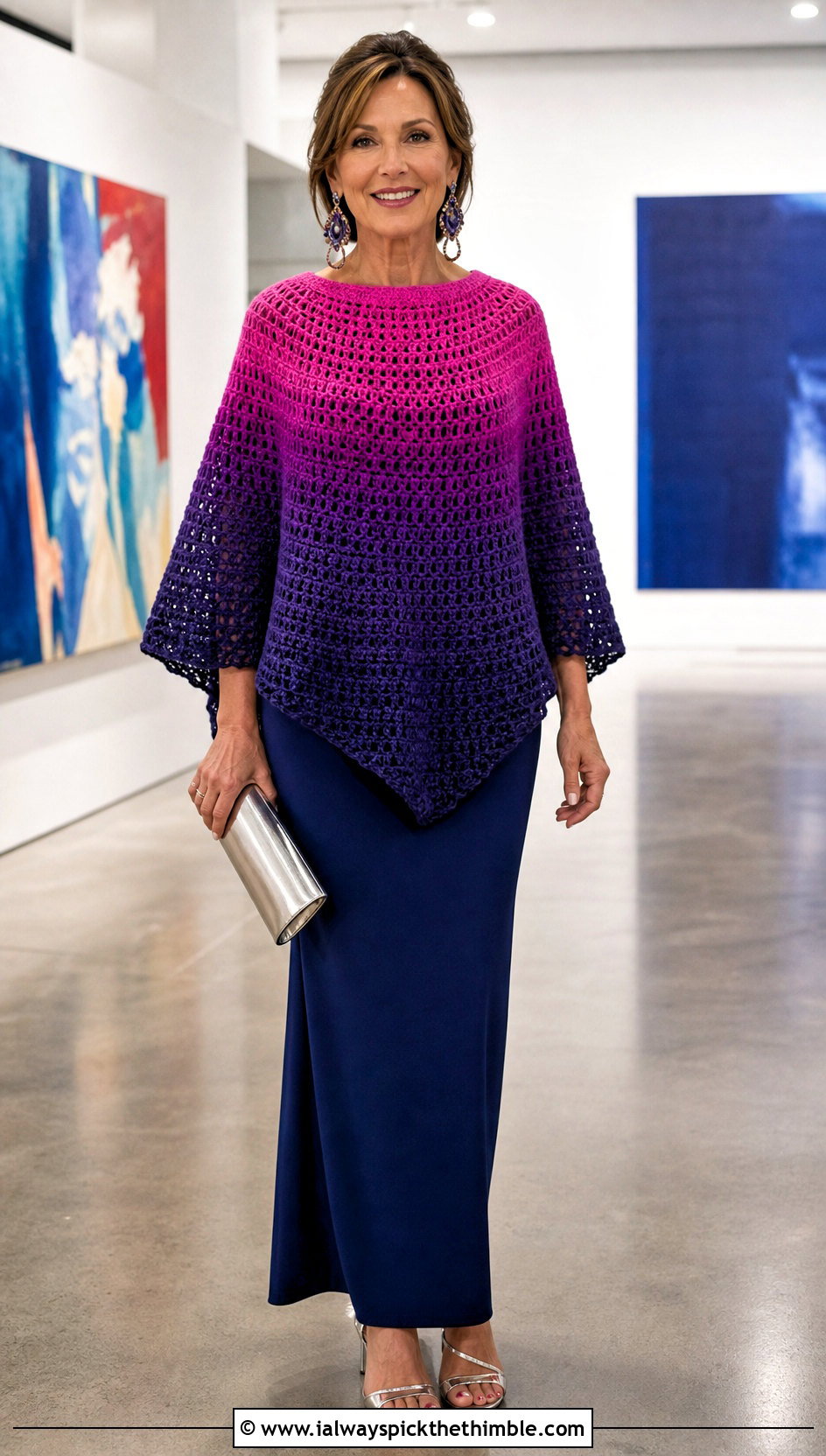 Ombre Circle Poncho With Column Maxi Dress - 20 Crochet Circle Poncho outfit ideas