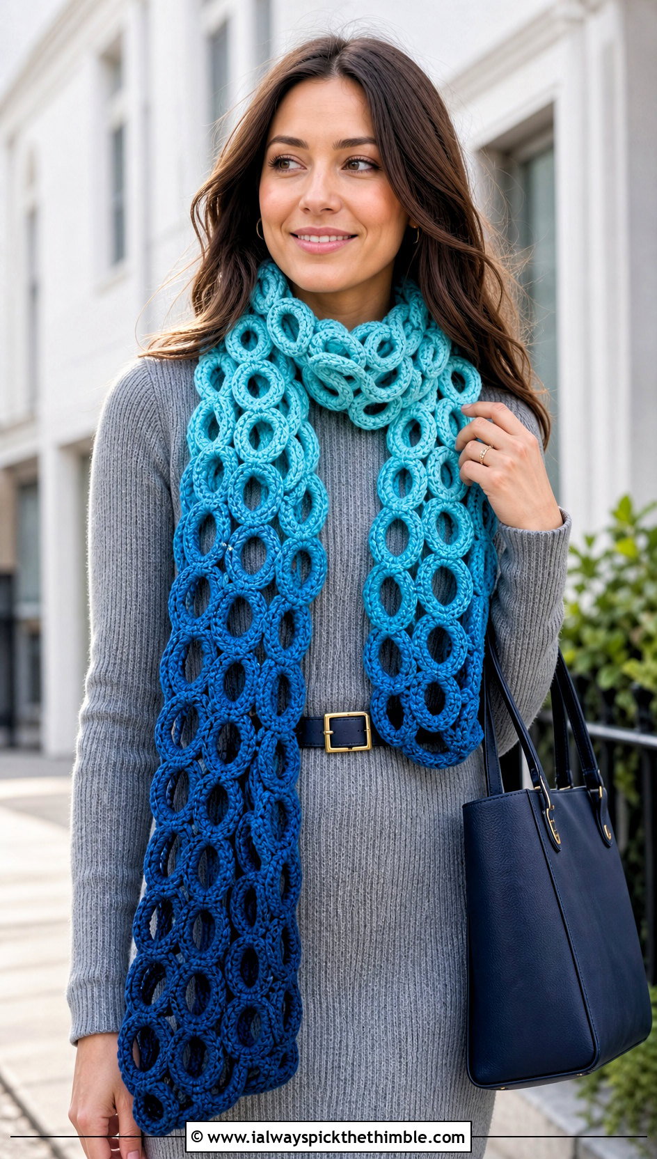 Ombre Connected Ring Crochet Scarf With Sweater Dress - 15 Chain Link Crochet Scarf outfit ideas