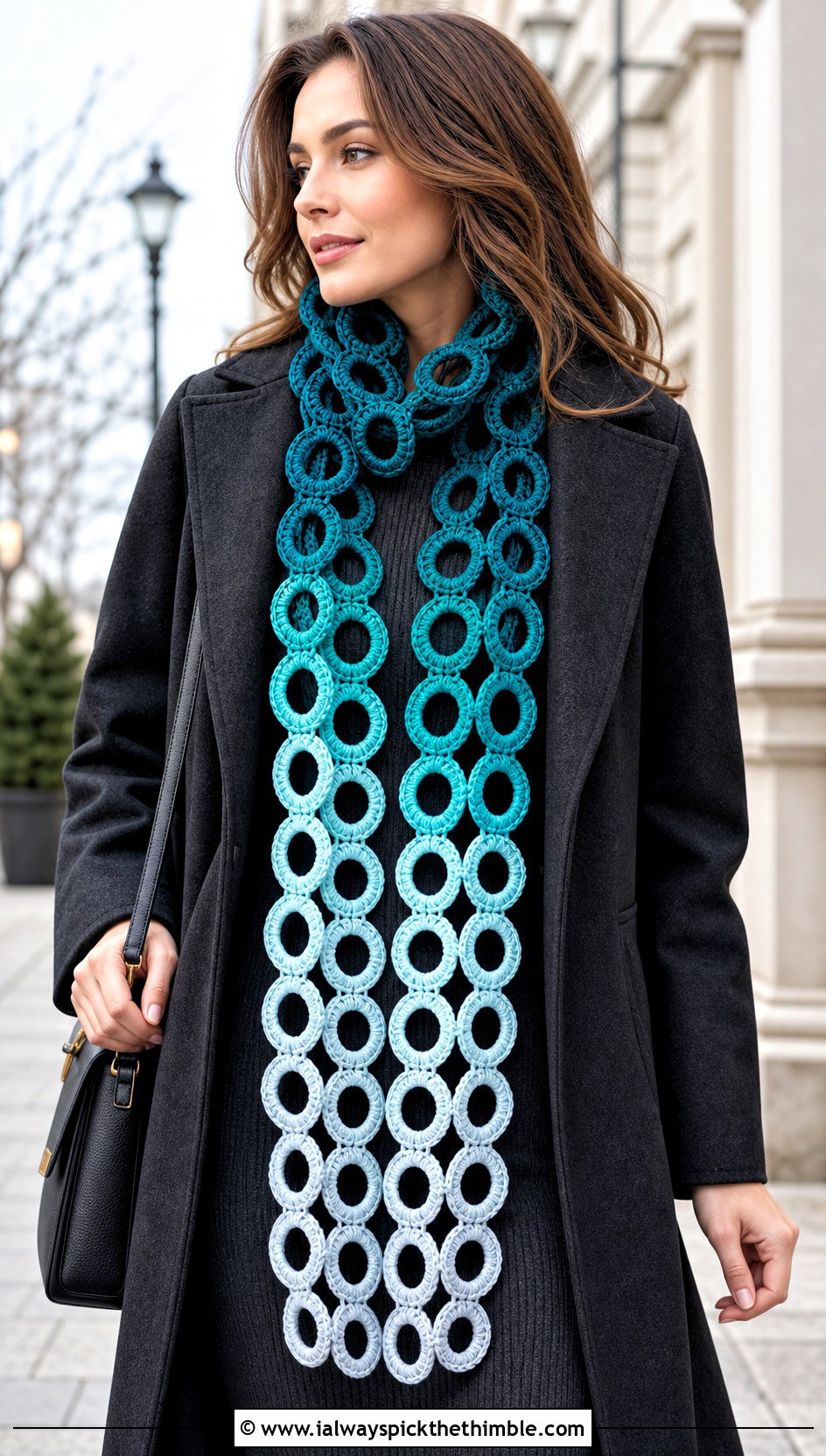 Ombre Connected Ring Scarf With Sweater Dress - 20 Crochet Chain Link Scarf outfit ideas