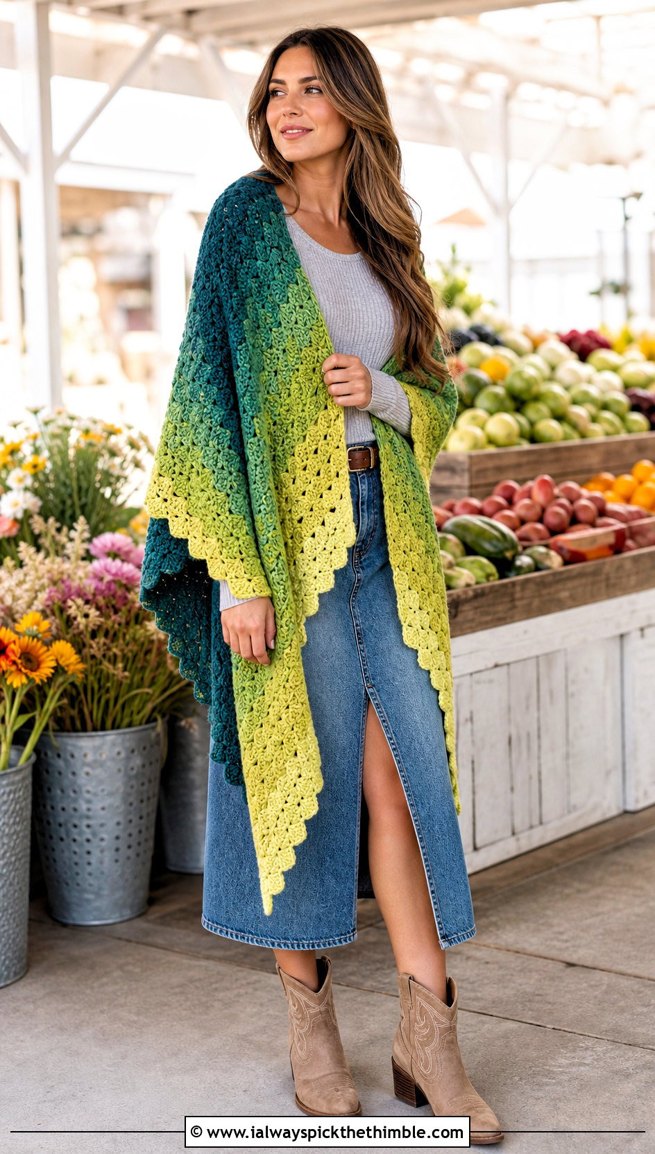 Ombre Corner To Corner Crochet Shawl With Denim Midi Skirt - 15 Corner To Corner Crochet Shawl outfit ideas