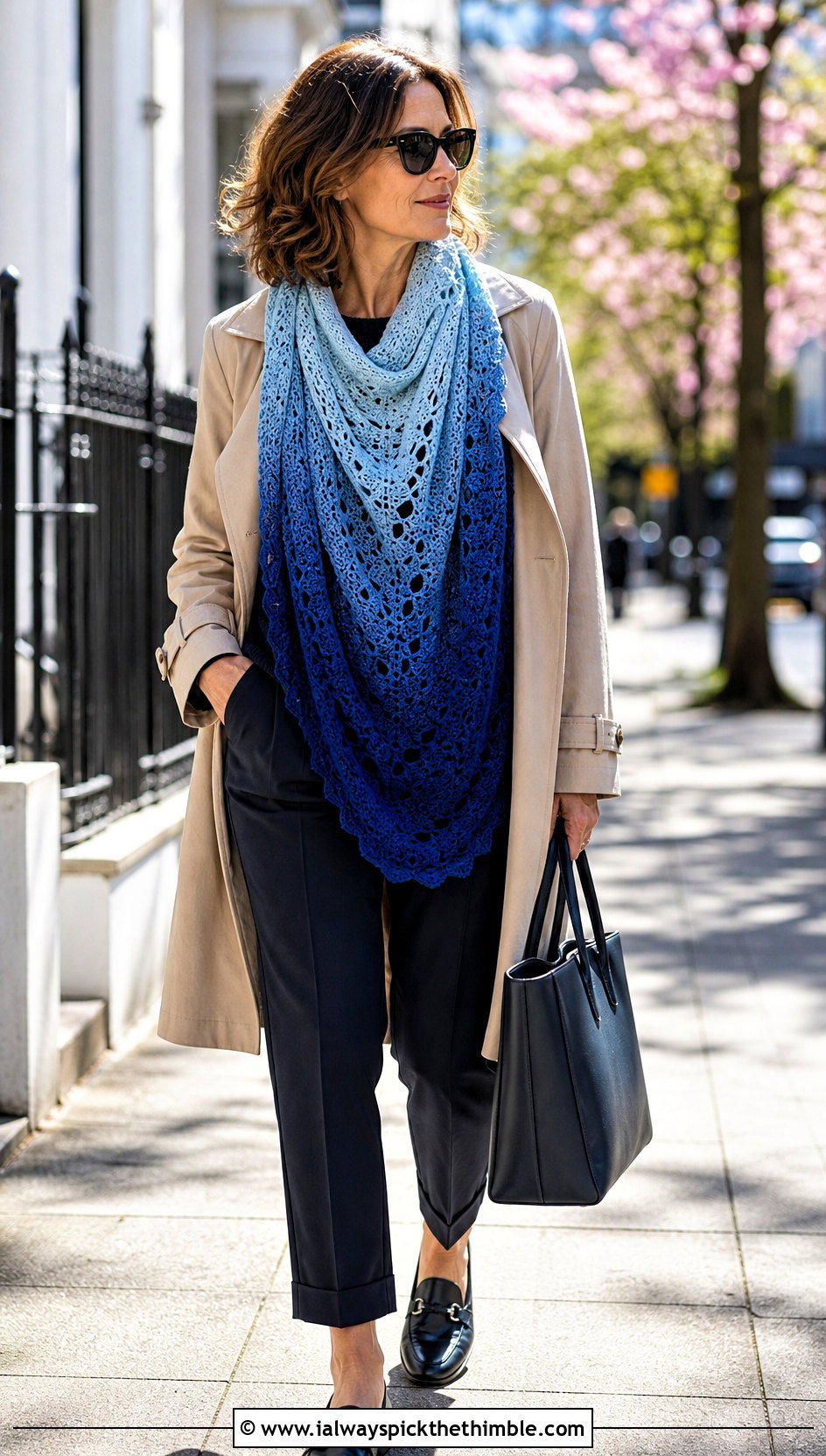 Ombre Crescent Moon Shawl With Trench Coat - 15 Crochet Moon Shawl outfit ideas