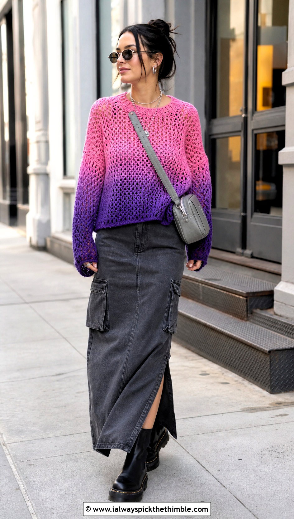 Ombre Crochet Barbie Sweater With Cargo Maxi Skirt - 20 crochet barbie sweater outfit ideas