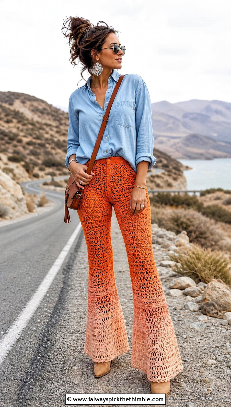 Ombre Crochet Bell Bottom Pants With Chambray Shirt - 15 crochet bell bottom pants outfit ideas