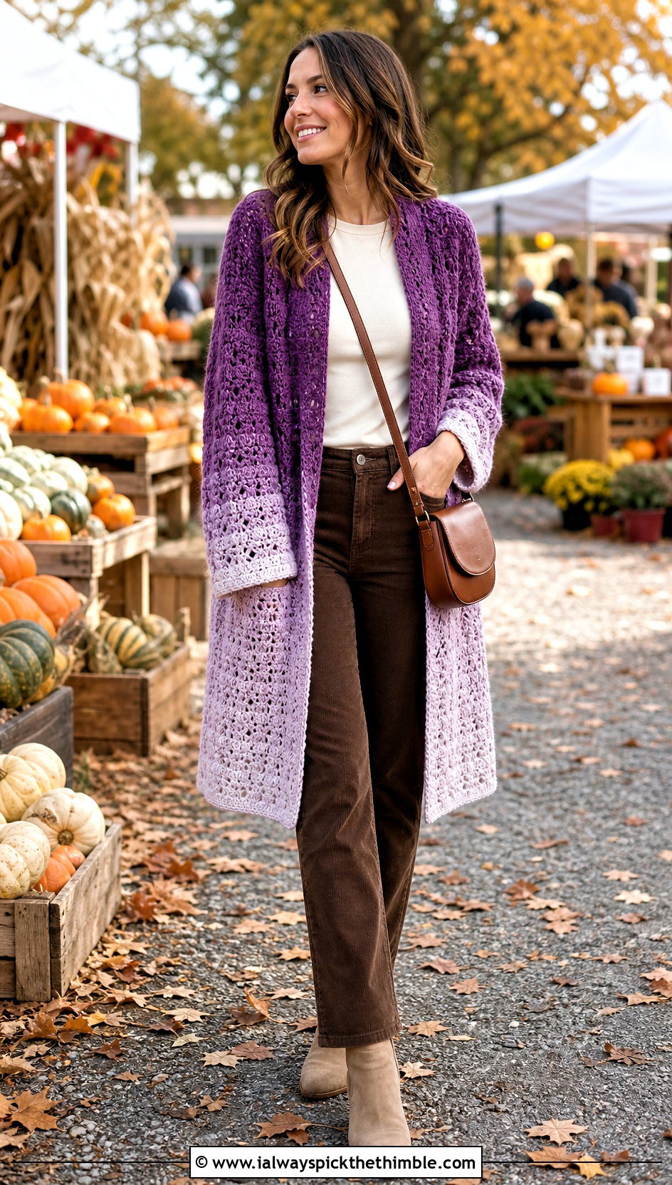 Ombre Crochet Blanket Cardigan With Corduroy Pants - 25 crochet blanket cardigan outfit ideas
