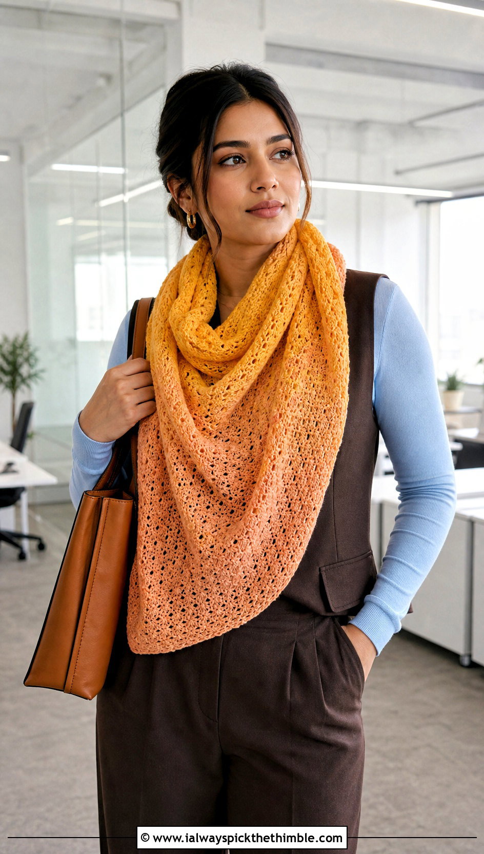Ombre Crochet Blanket Scarf With Tailored Vest - 25 crochet blanket scarf outfit ideas