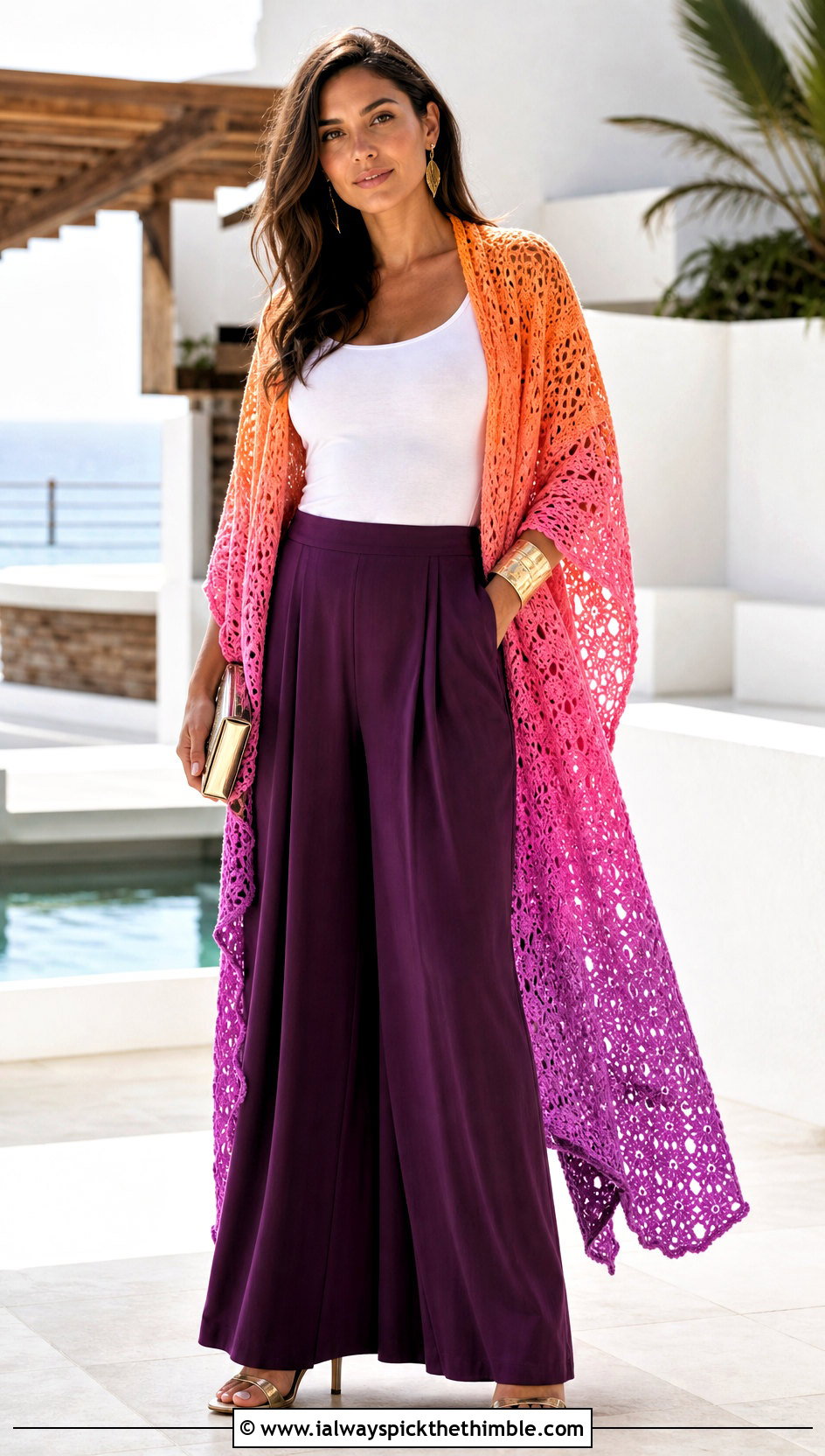 Ombre Crochet Blanket Shawl With Tank And Palazzo Pants - 20 crochet blanket shawl outfit ideas
