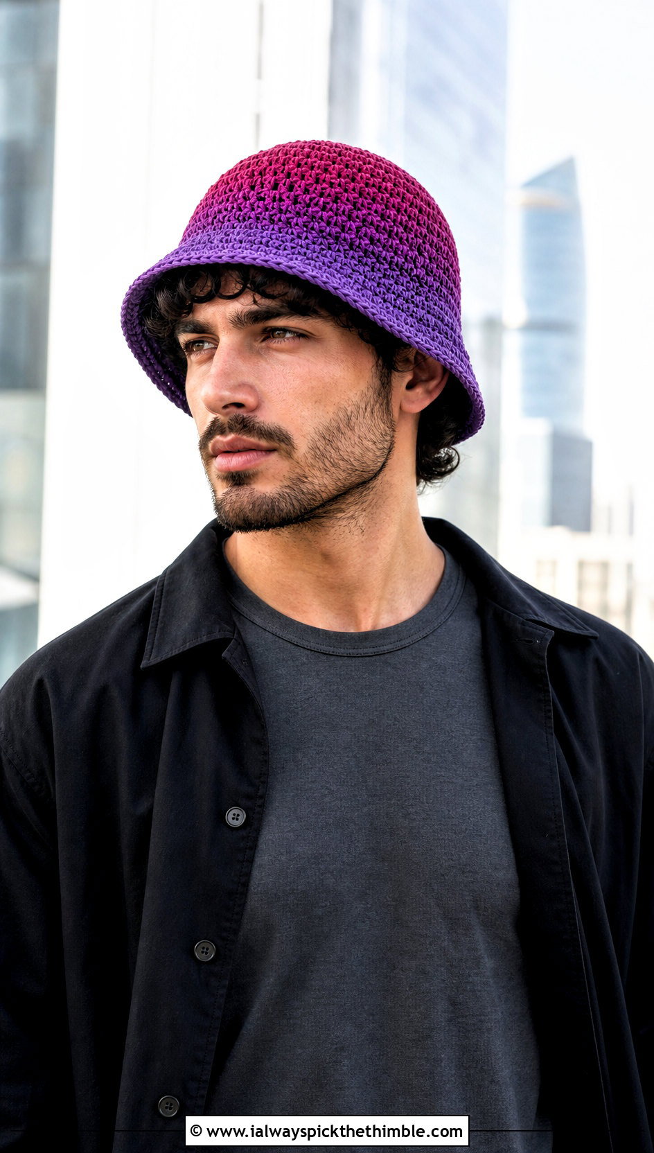 Ombre Crochet Bucket Hat With Black Overshirt And Parachute Pants - 25 men crochet bucket hat outfit ideas