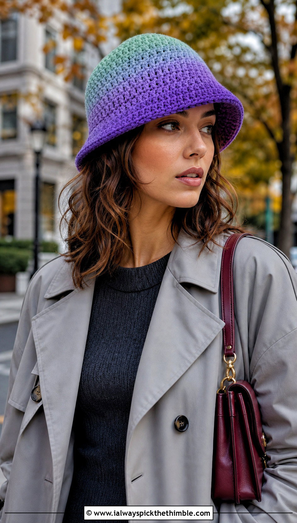 Ombre Crochet Bucket Hat With Trench Coat And Knit Dress - 20 Crochet Cute Bucket Hat outfit ideas