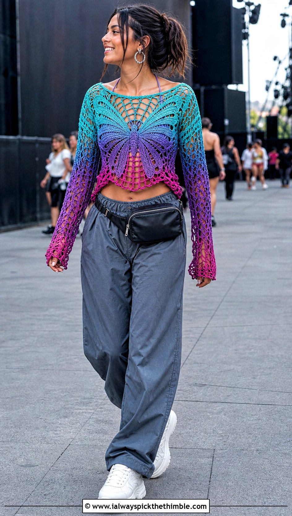 Ombre Crochet Butterfly Lace Top With Parachute Pants - 20 crochet butterfly lace top outfit ideas