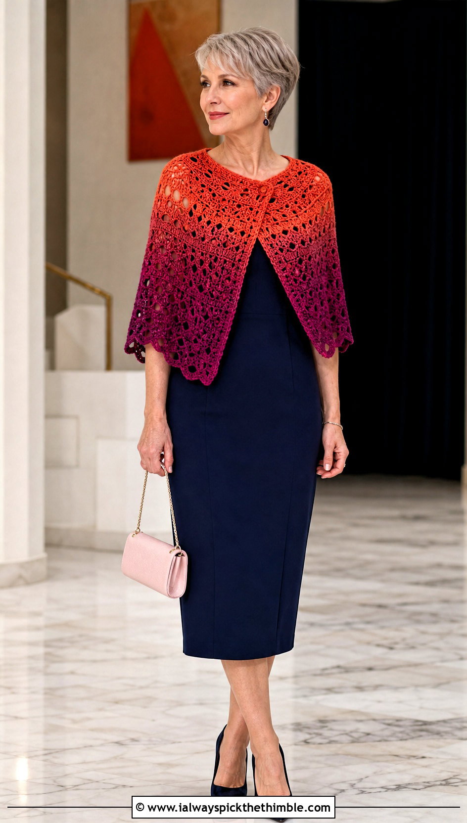Ombre Crochet Caplet Shawl With Monochrome Column Dress - 20 crochet caplet shawl outfit ideas