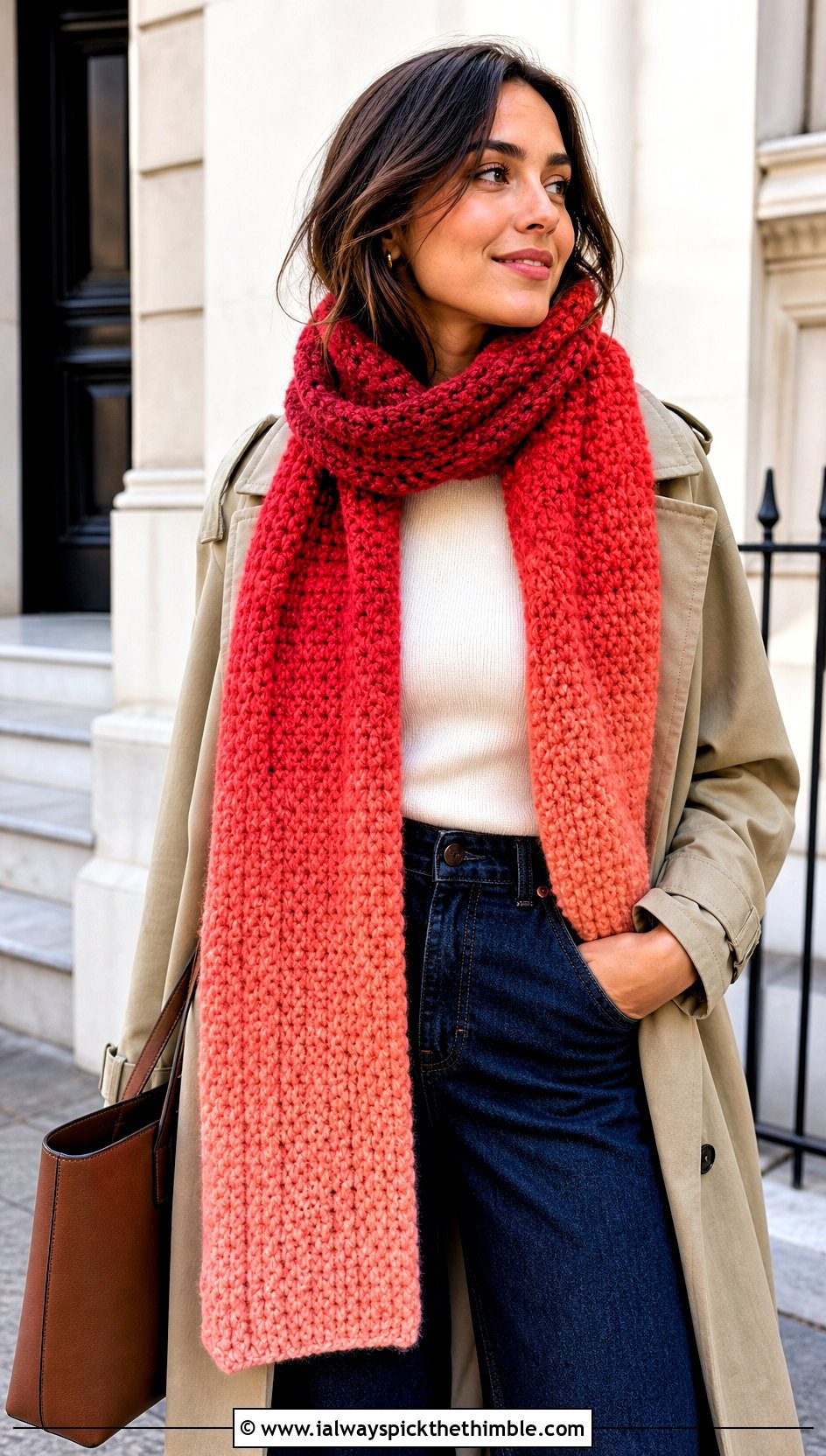 Ombre Crochet Chenille Scarf With Trench Coat - 20 crochet chenille scarf outfit ideas