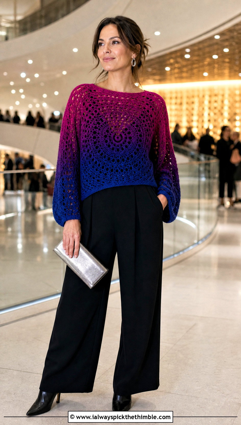 Ombre Crochet Circle Sweater With Black Jumpsuit - 20 crochet circle sweater outfit ideas