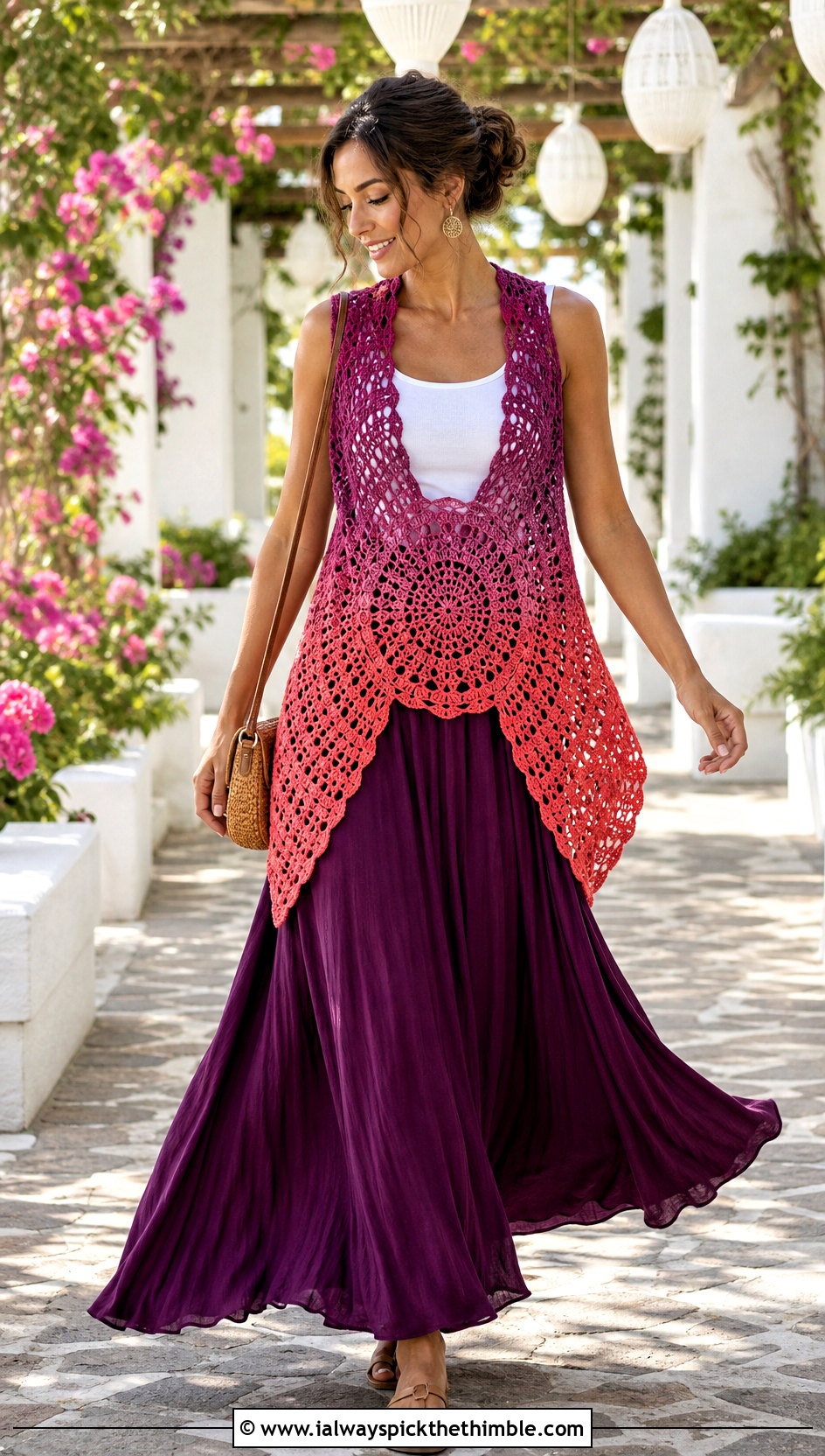 Ombre Crochet Circle Vest With Maxi Skirt - 25 crochet circle vest outfit ideas