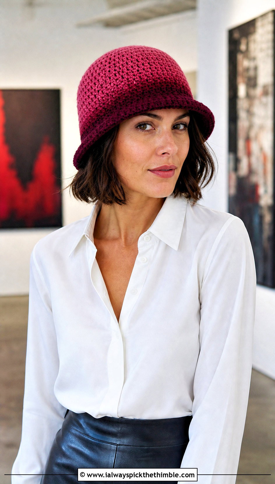 Ombre Crochet Cloche Hat With White Shirt And Leather Skirt - 20 Cloche Crochet Hat outfit ideas