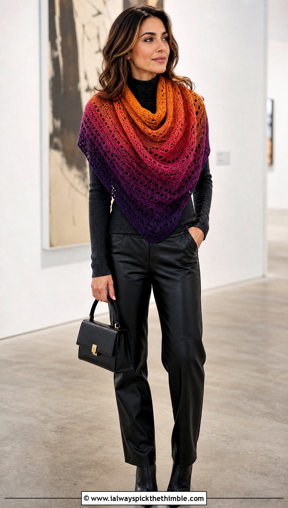 Ombre Crochet Cowl Shawl With Leather Pants - 20 crochet cowl shawl outfit ideas