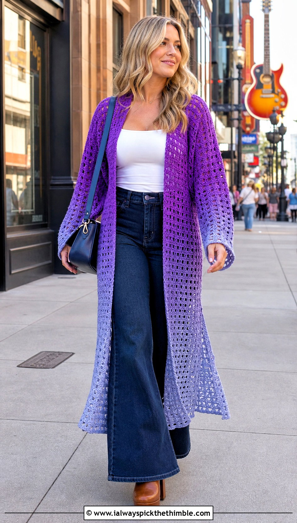 Ombre Crochet Duster Coat With Flared Jeans - 25 crochet long coat outfit ideas