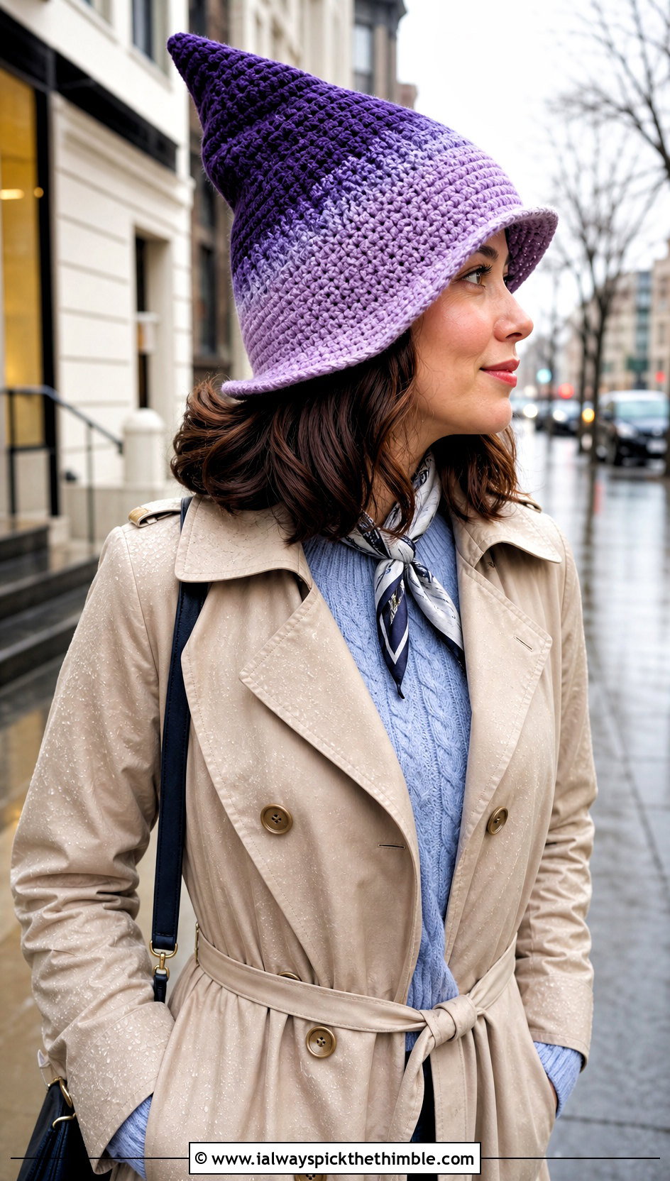 Ombre Crochet Elphaba Hat With Belted Trench Coat - 20 Crochet Elphaba Hat outfit ideas