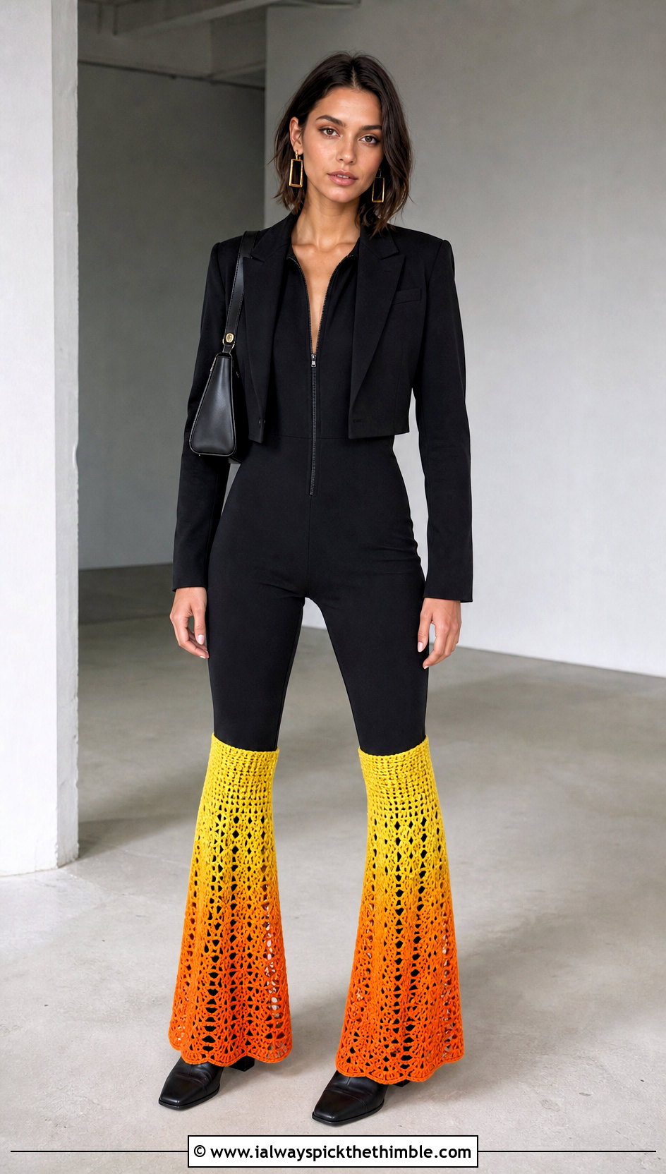 Ombre Crochet Flared Leg Warmers With Black Jumpsuit - 20 Crochet Flared Leg Warmers outfit ideas