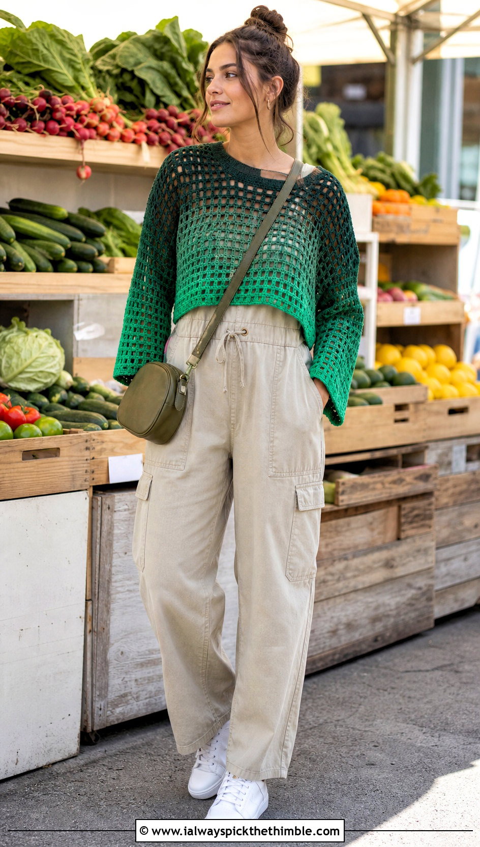 Ombre Crochet Grid Sweater Over A Utility Jumpsuit - 20 crochet grid sweater outfit ideas
