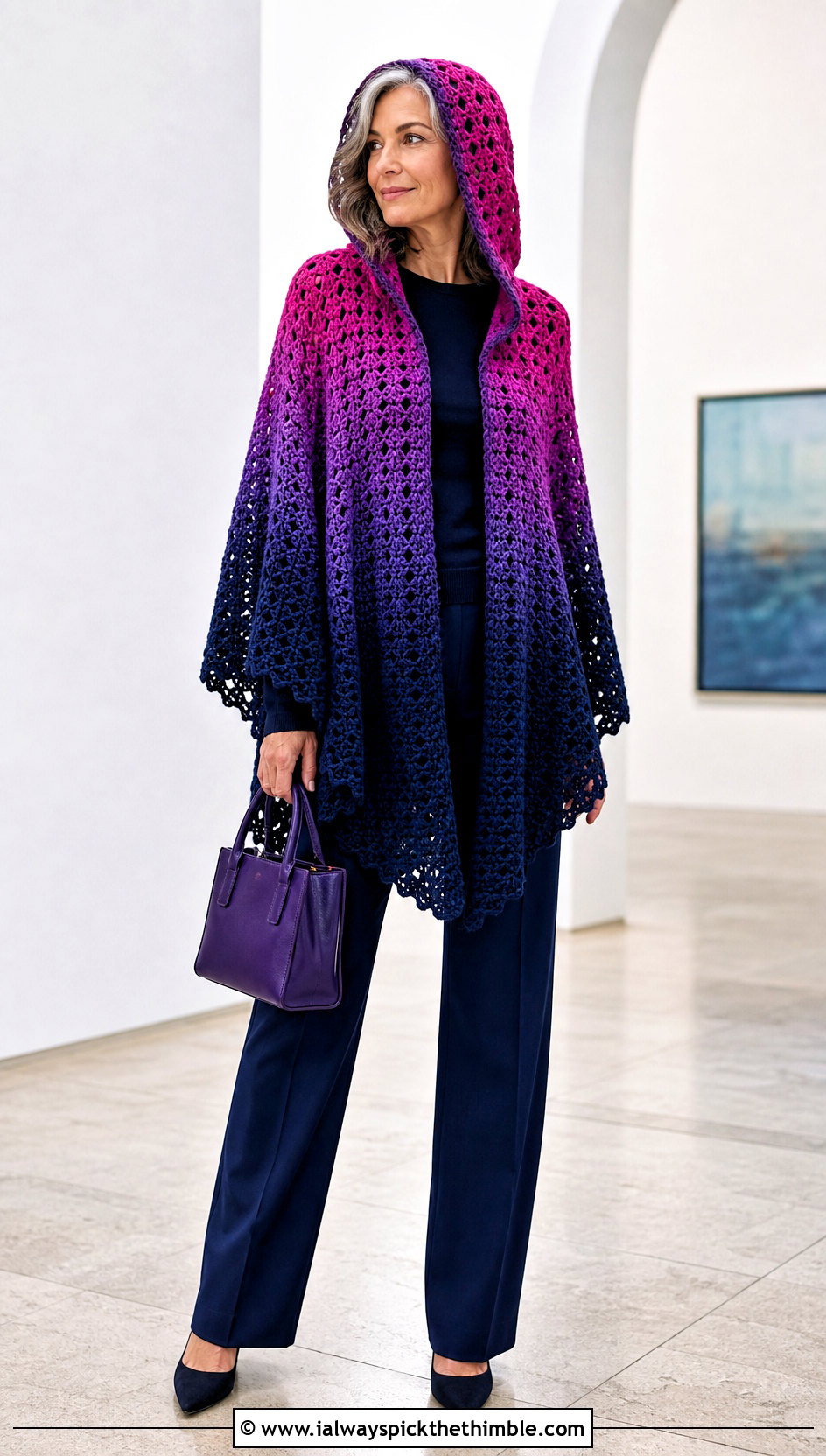 Ombre Crochet Hooded Poncho With Monochrome Basics - 25 Crochet Hooded Poncho outfit ideas