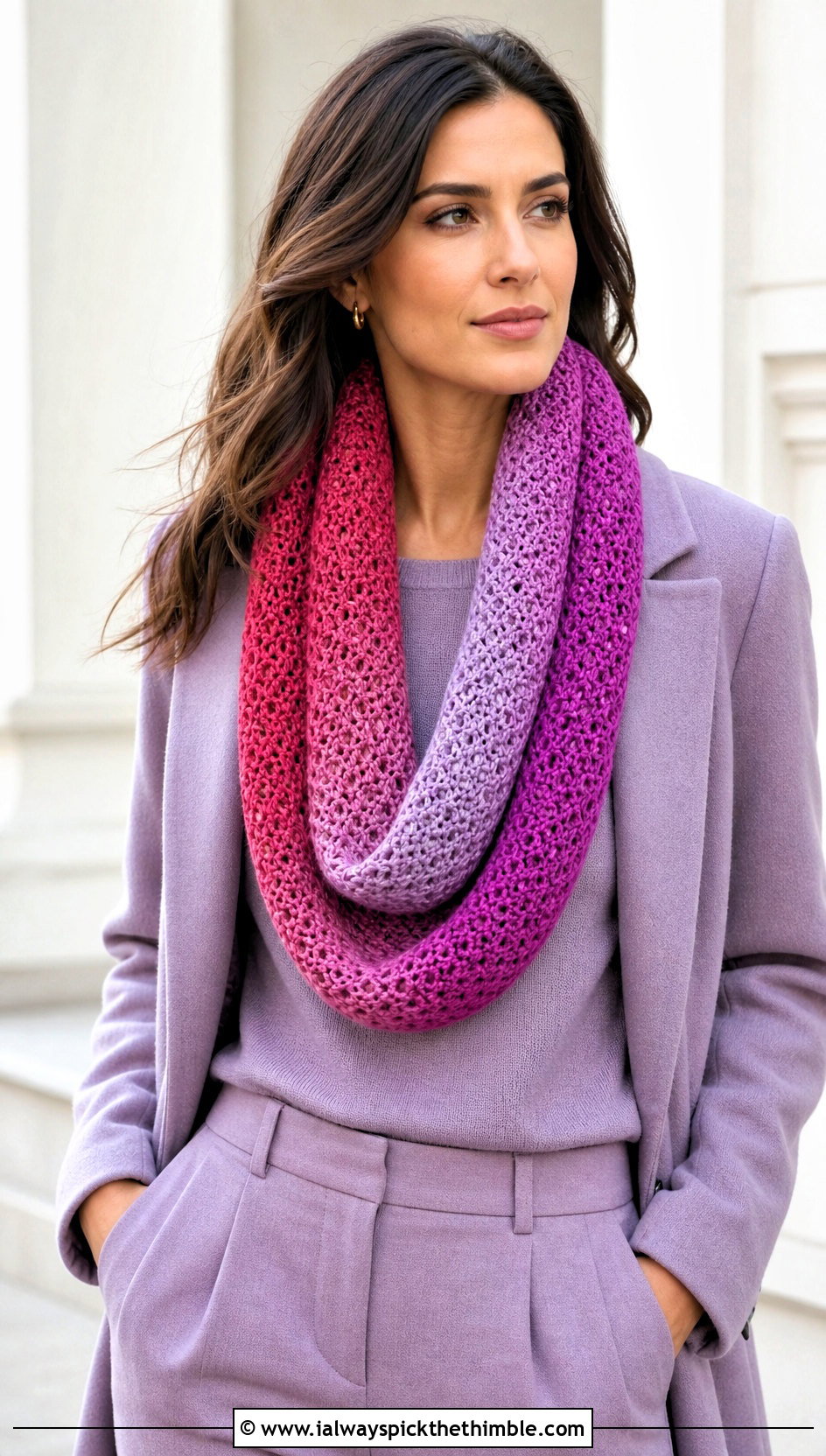 Ombre Crochet Infinity Scarf With Monochrome Outfit - 20 easy crochet infinity scarf outfit ideas