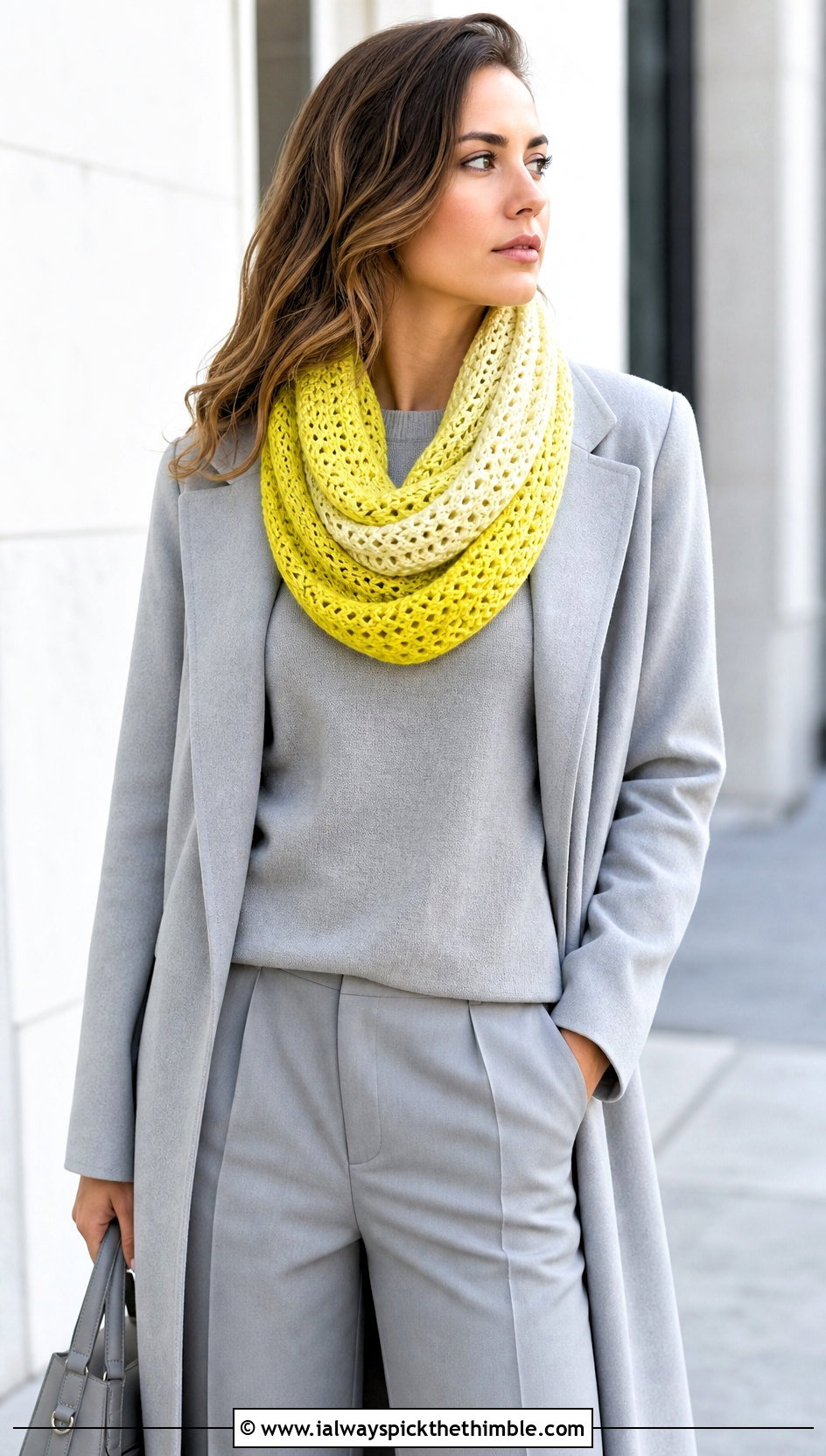 Ombre Crochet Infinity Scarf With Monochrome Outfit - 25 crochet infinity scarf outfit ideas