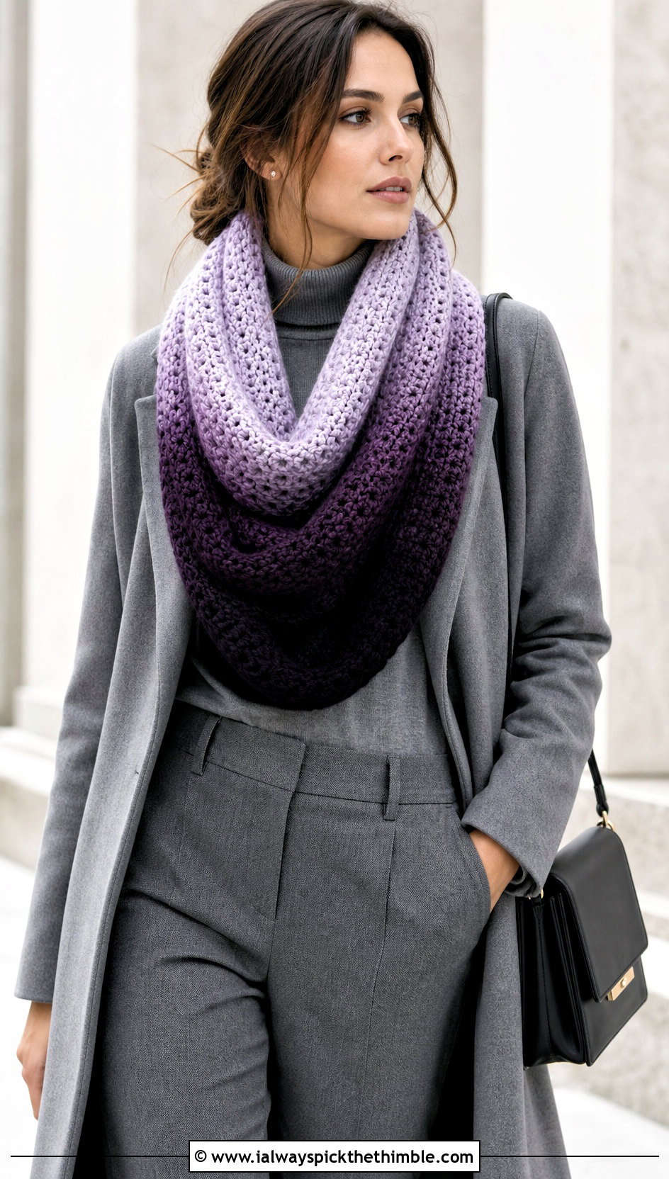 Ombre Crochet Infinity Scarf With Monochrome Outfit - 20 crochet infinity scarves outfit ideas