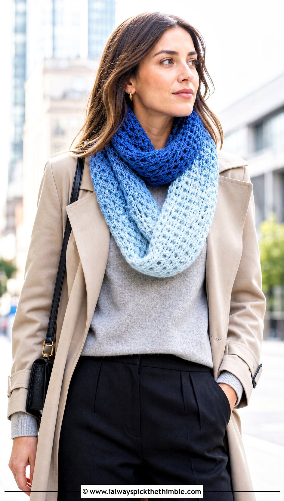 Ombre Crochet Infinity Scarf With Trench Coat - 20 Ombre Crochet Scarf outfit ideas