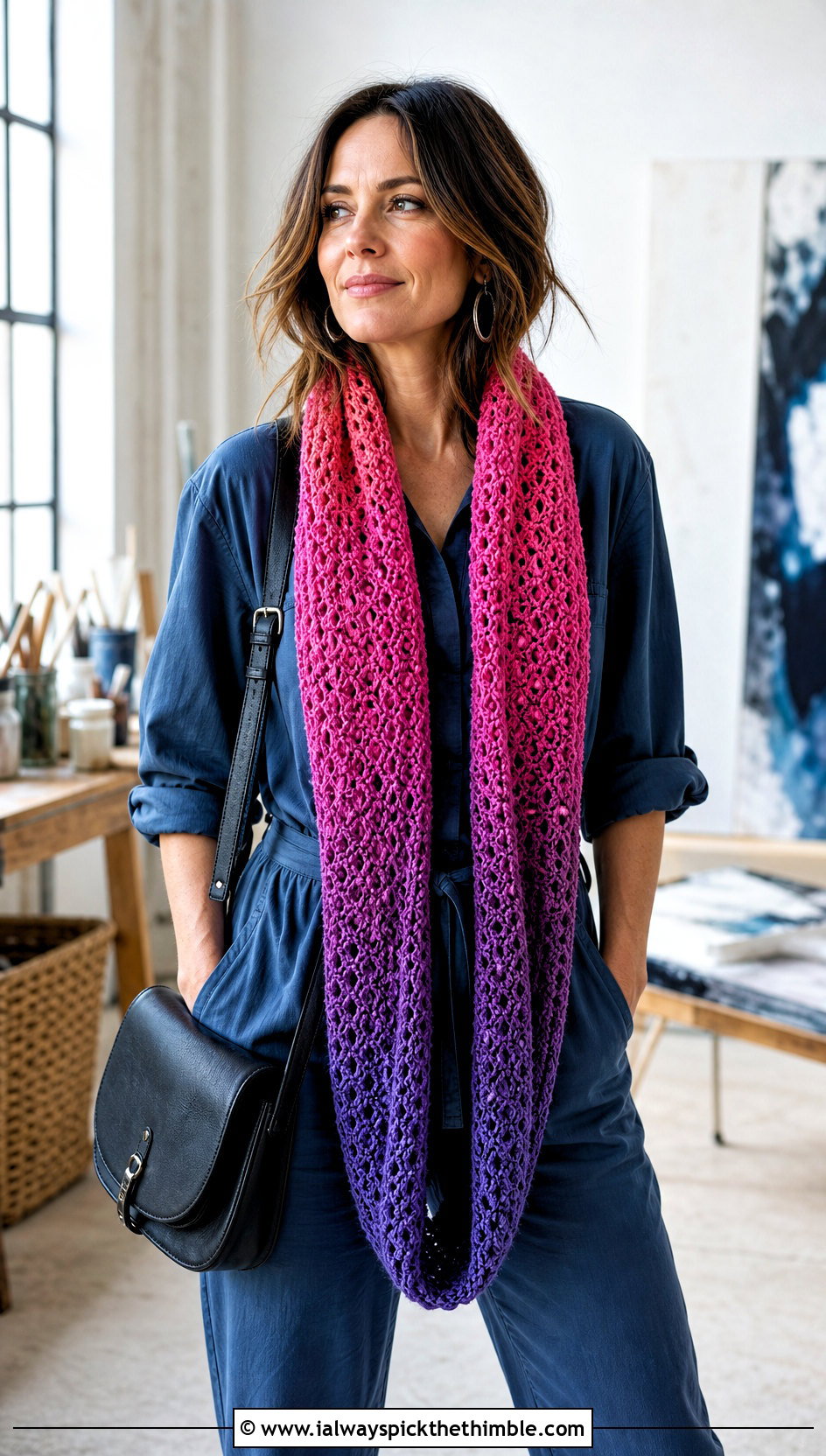Ombre Crochet Infinity Scarf With Utility Jumpsuit - 20 infinite crochet scarf outfit ideas