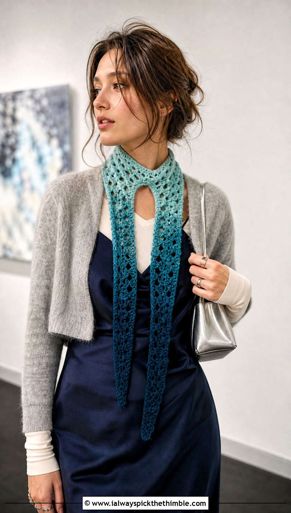 Ombre Crochet Keyhole Scarf With Slip Dress - 25 crochet keyhole scarf outfit ideas