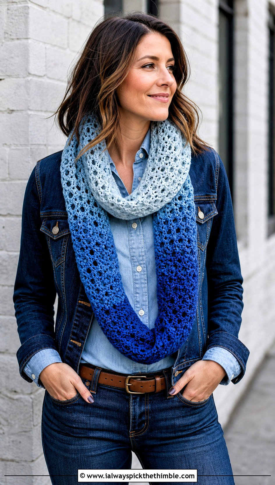 Ombre Crochet Loop Scarf With Double Denim - 20 Crochet Loop Scarf outfit ideas