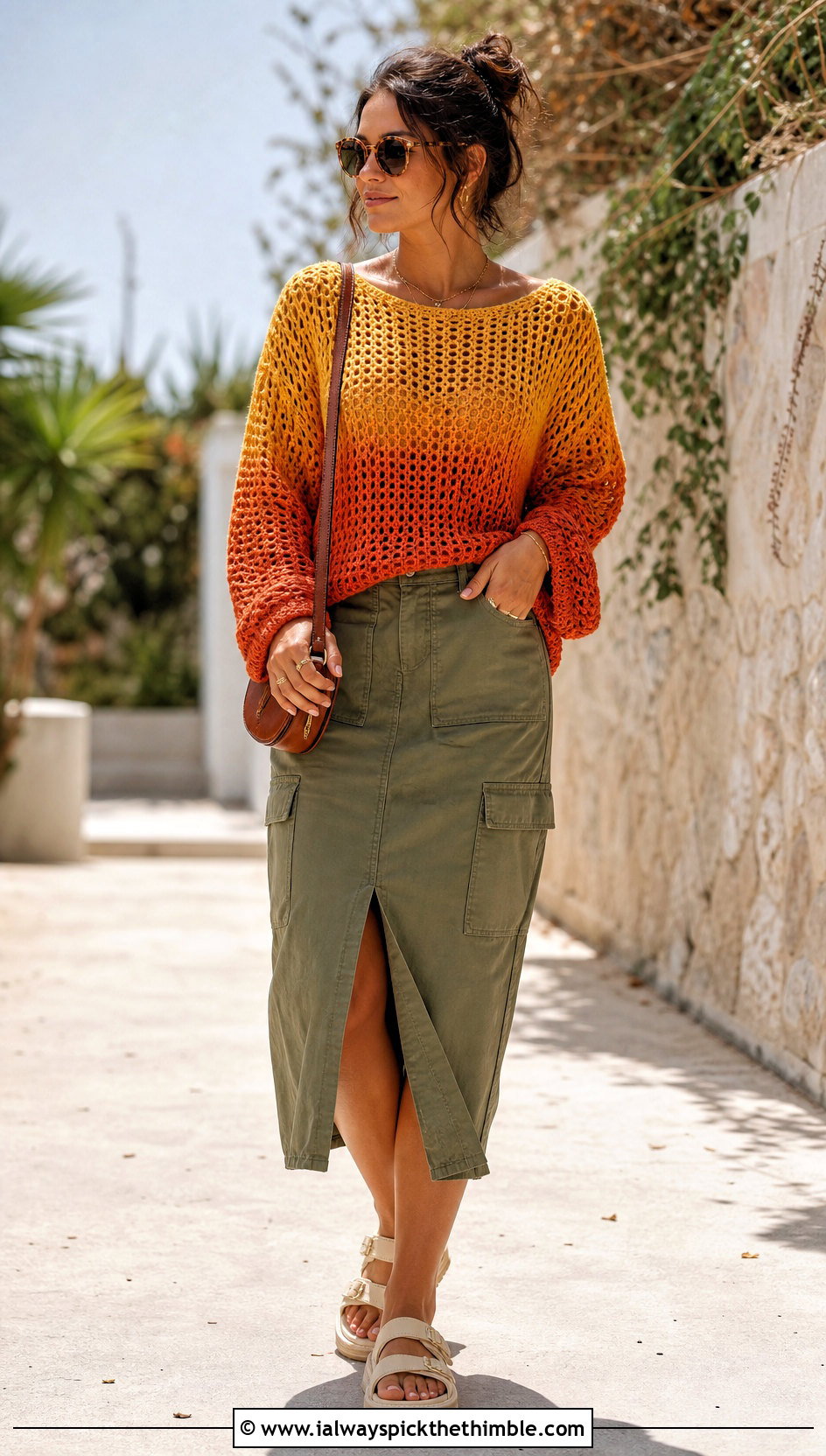 Ombre Crochet Loose Sweater With Utility Skirt - 25 crochet loose sweater outfit ideas