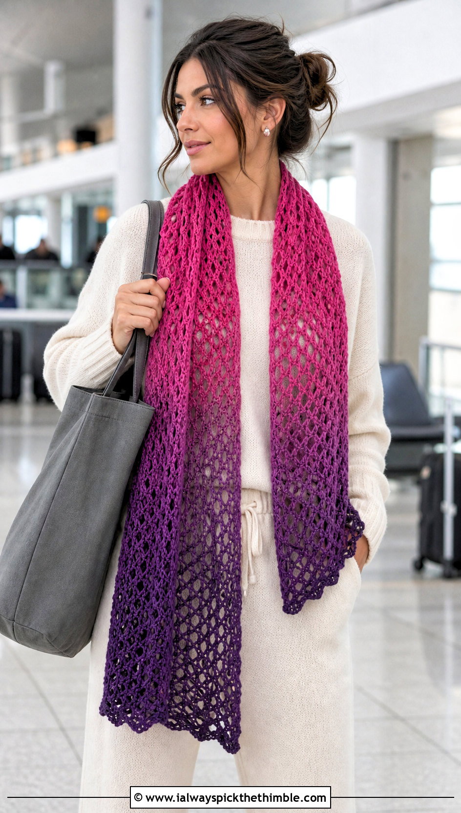 Ombre Crochet Mesh Scarf With Matching Knit Travel Set - 20 Crochet Mesh Scarf outfit ideas