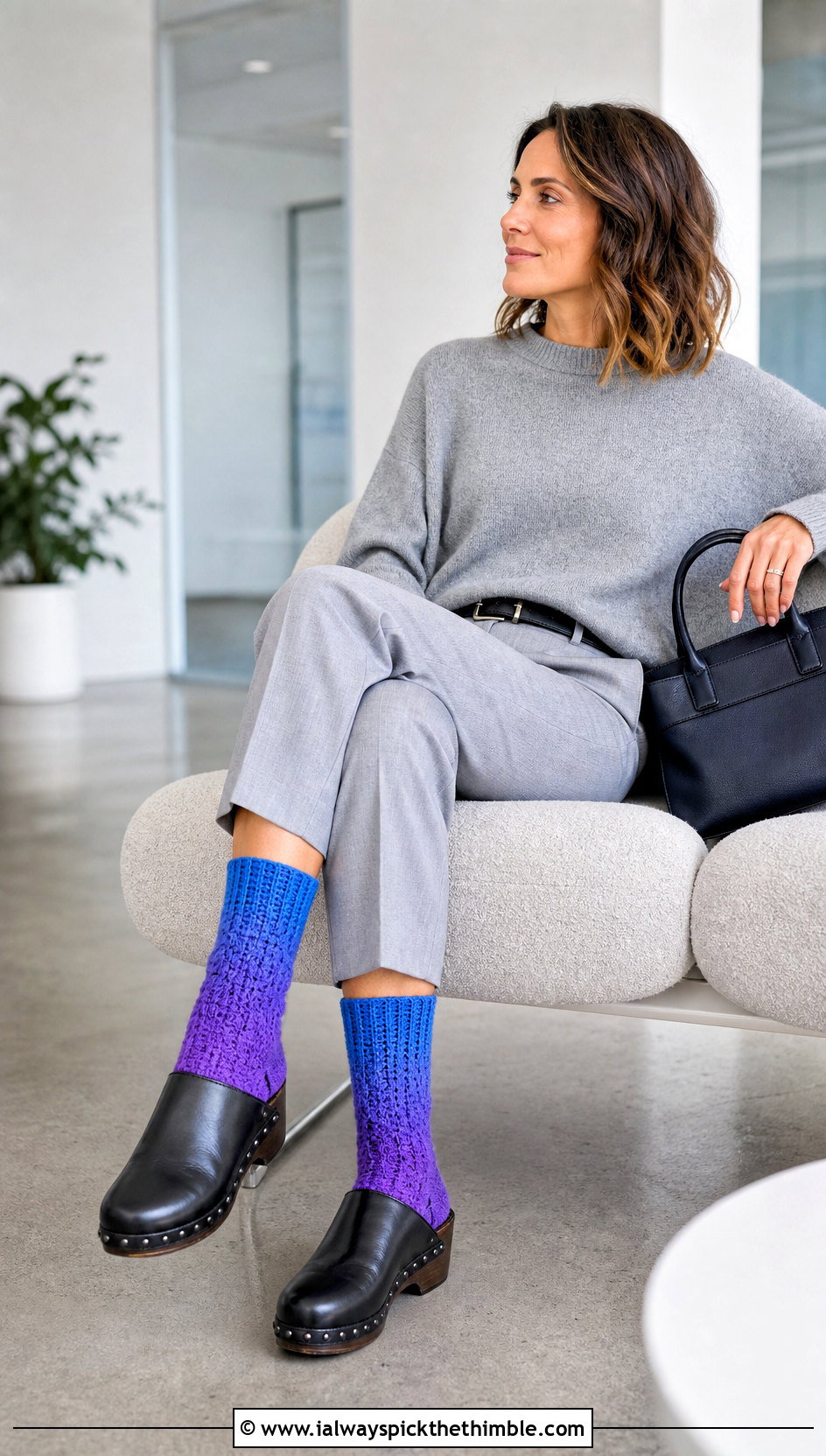 Ombre Crochet Mid Calf Socks With A Monochrome Outfit - 25 crochet socks for beginners outfit ideas
