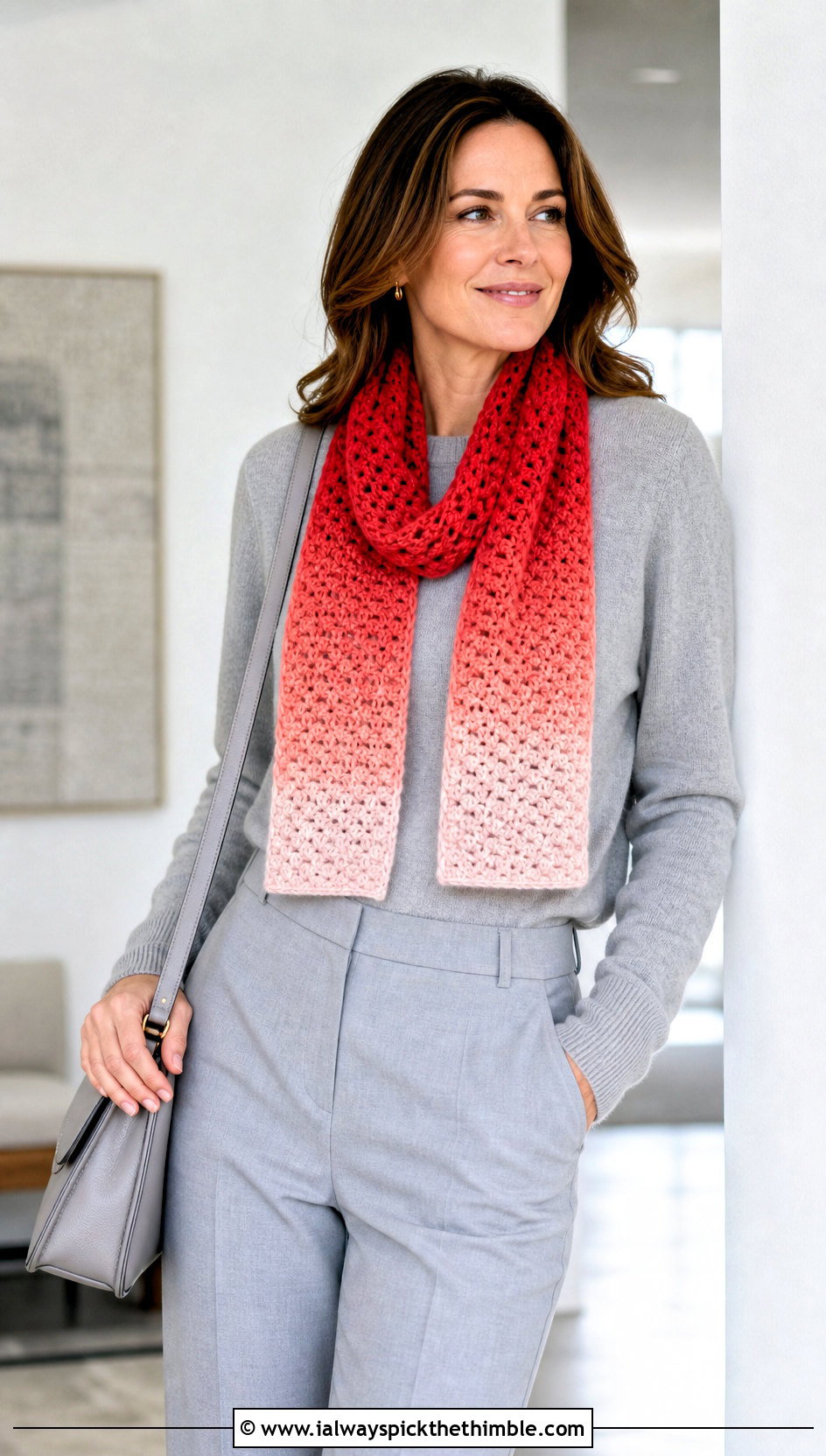 Ombre Crochet Mini Scarf With Monochrome Knitwear And Trousers - 25 crochet mini scarf outfit ideas