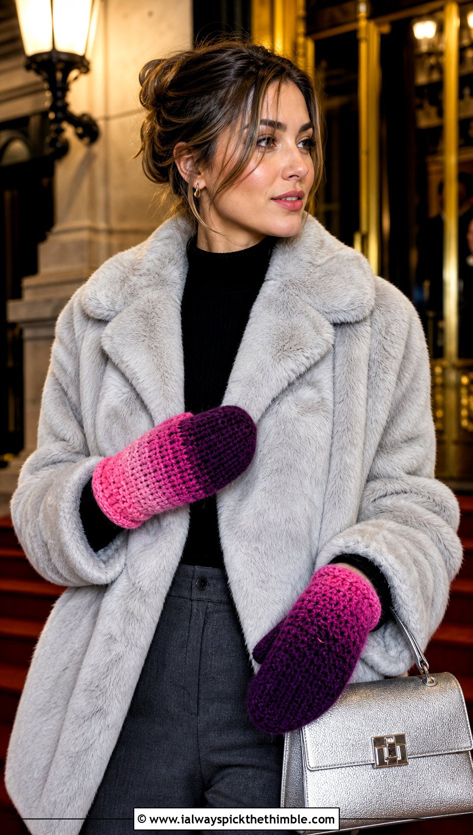 Ombre Crochet Mittens With Faux Fur Coat And Trousers - 25 crochet mittens outfit ideas