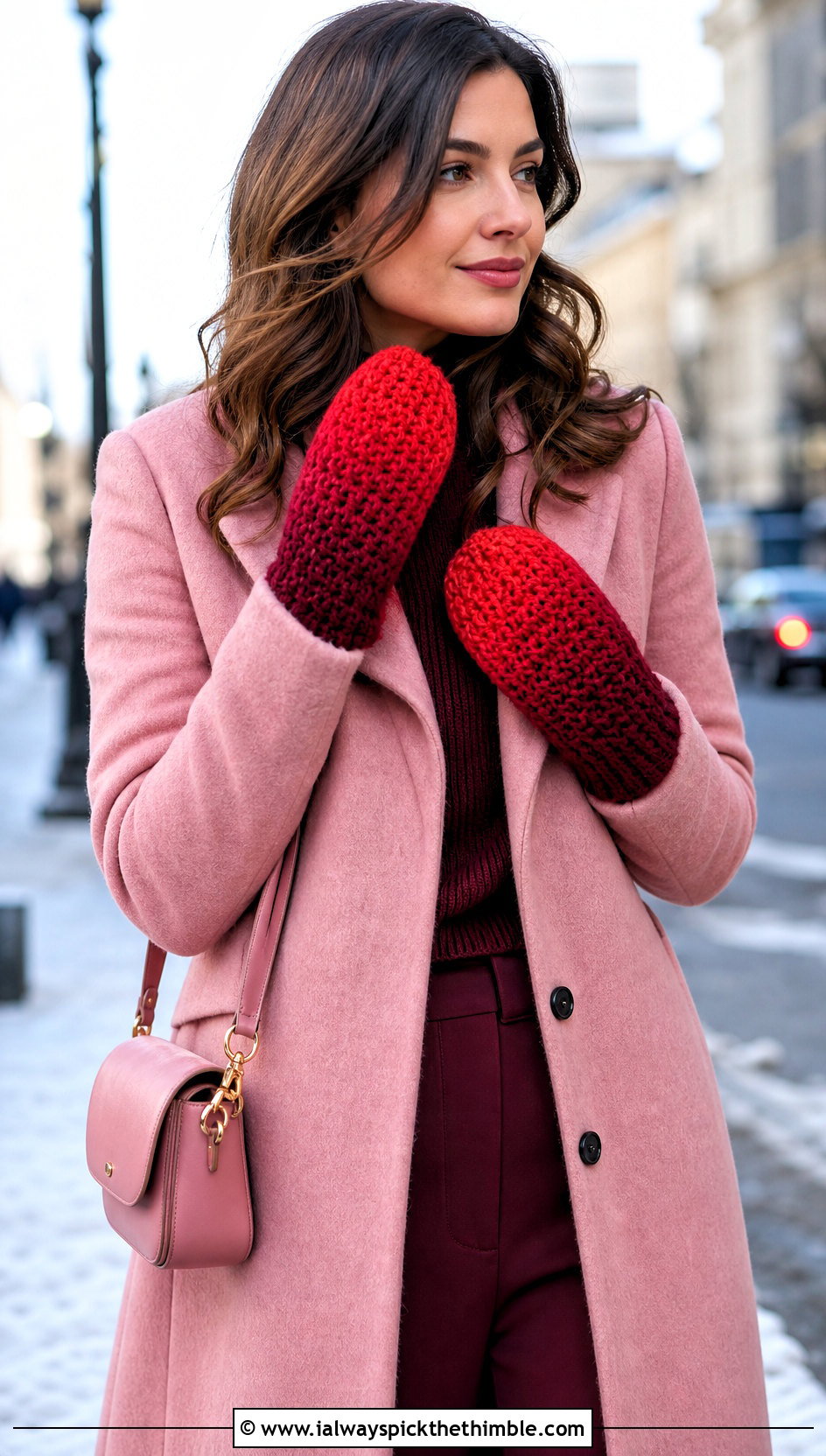 Ombre Crochet Mittens With Monochrome Coat - 20 women crochet mittens outfit ideas