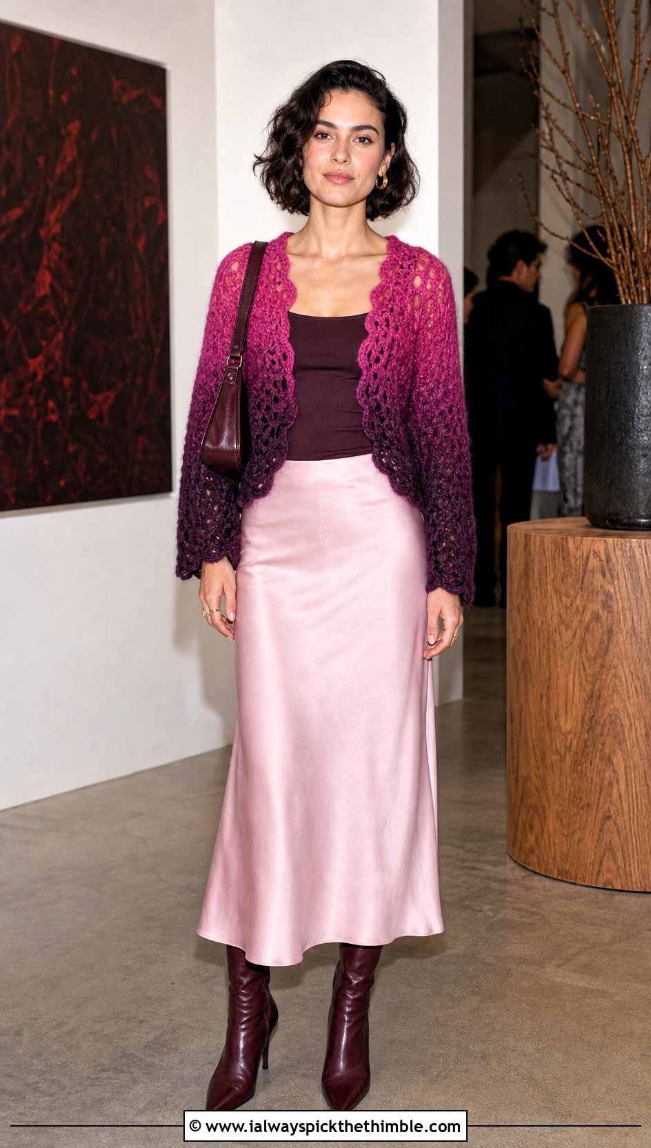 Ombre Crochet Mohair Bolero With Satin Midi Skirt - 20 crochet mohair bolero outfit ideas