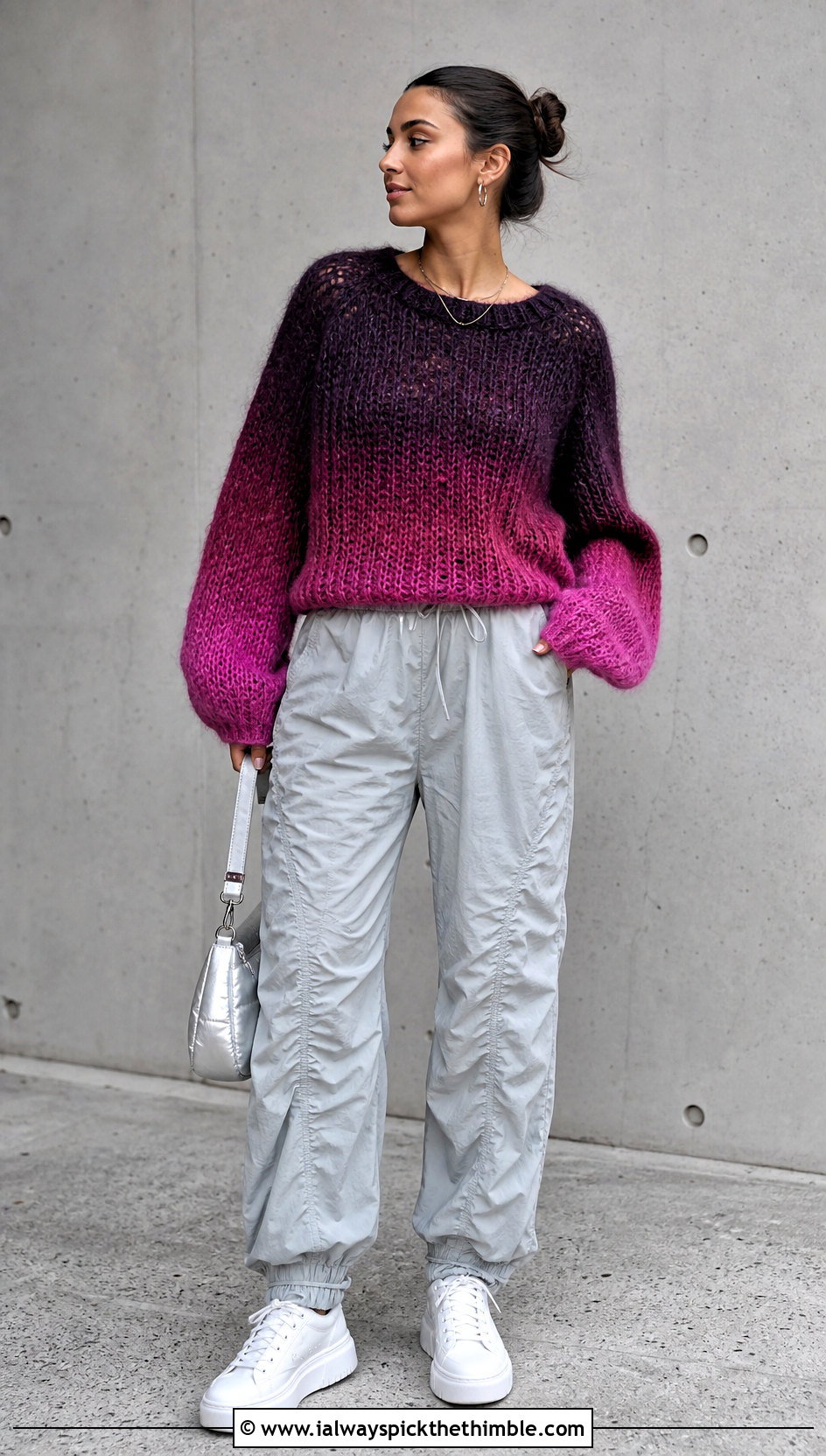Ombre Crochet Mohair Raglan Sweater With Parachute Pants - 15 Crochet Mohair Raglan Sweater outfit ideas
