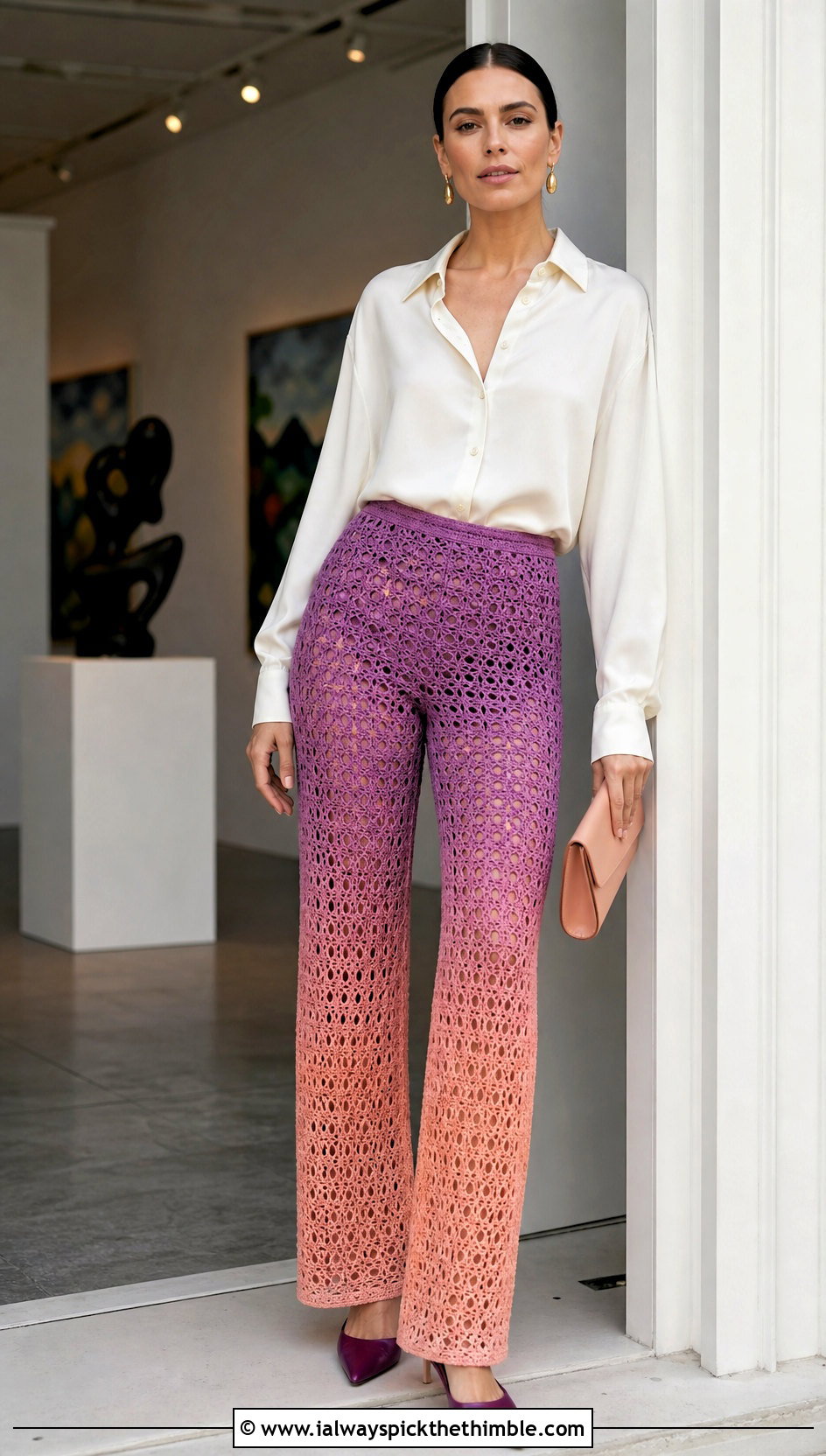 Ombre Crochet Pants With Silk Shirt - 20 women crocheted pants outfit ideas