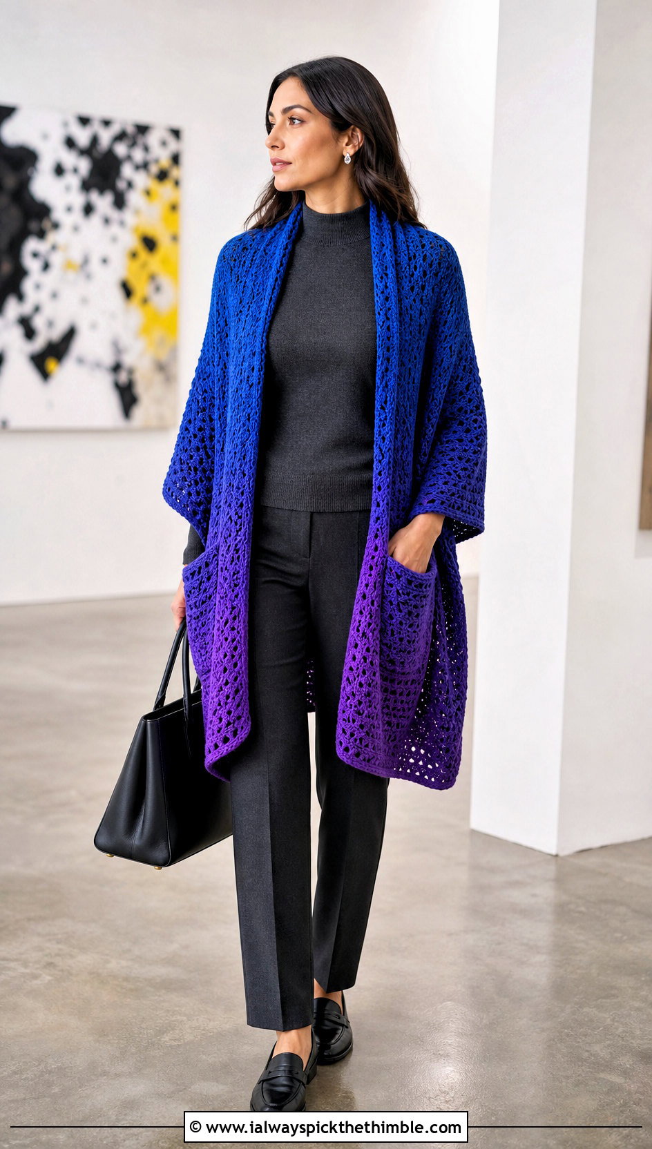 Ombre Crochet Pocket Shawl With Monochrome Basics - 20 Easy Crochet Shawl With Pockets outfit ideas