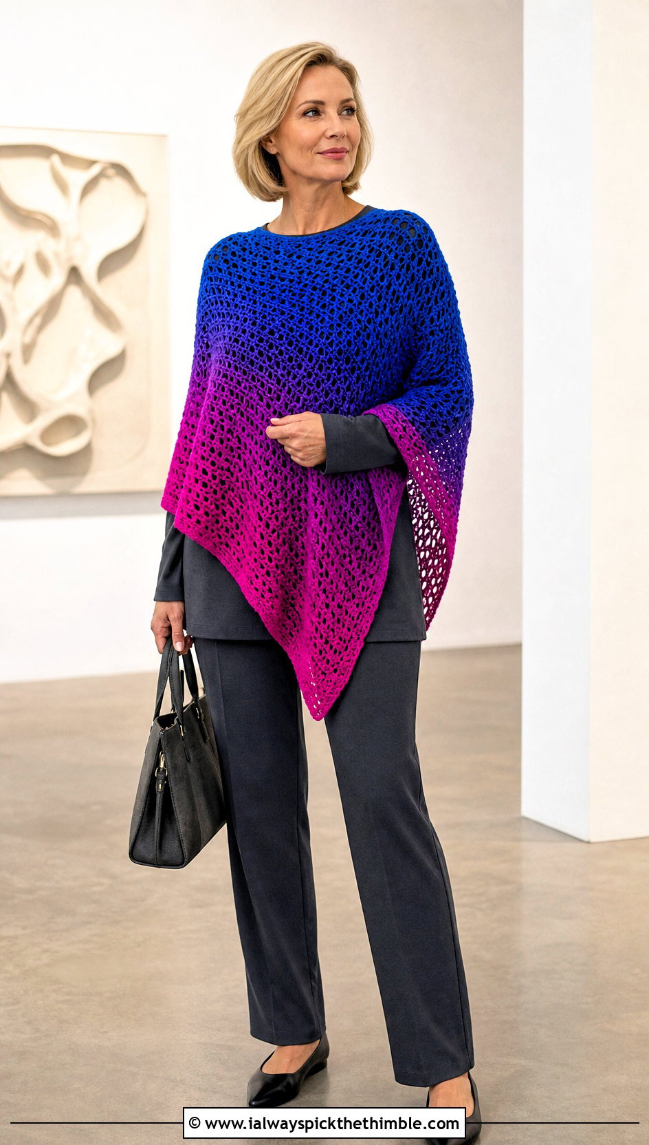 Ombre Crochet Poncho With A Monochrome Base - 25 crochet poncho outfit ideas