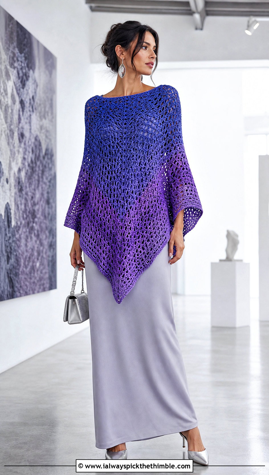 Ombre Crochet Poncho With Monochrome Maxi Dress - 25 easy crochet poncho woman outfit ideas