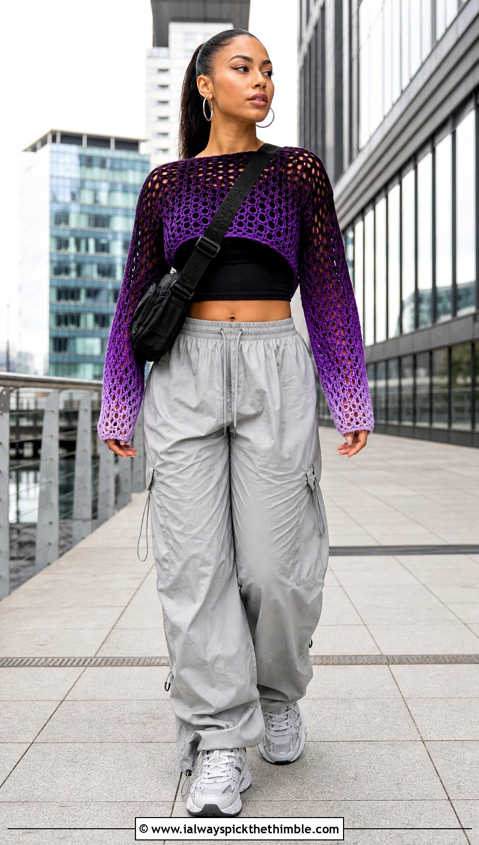 Ombre Crochet Raglan Mesh Top With Parachute Pants - 20 Crochet Raglan Mesh Top outfit ideas