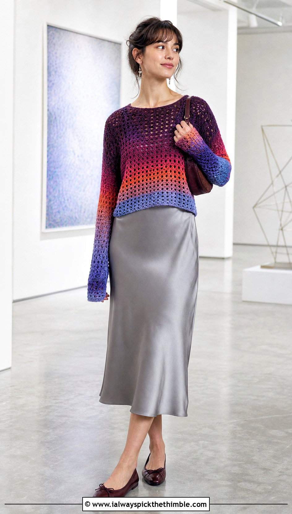 Ombre Crochet Rainbow Sweater Over A Slip Dress - 20 Crochet Rainbow Sweater outfit ideas