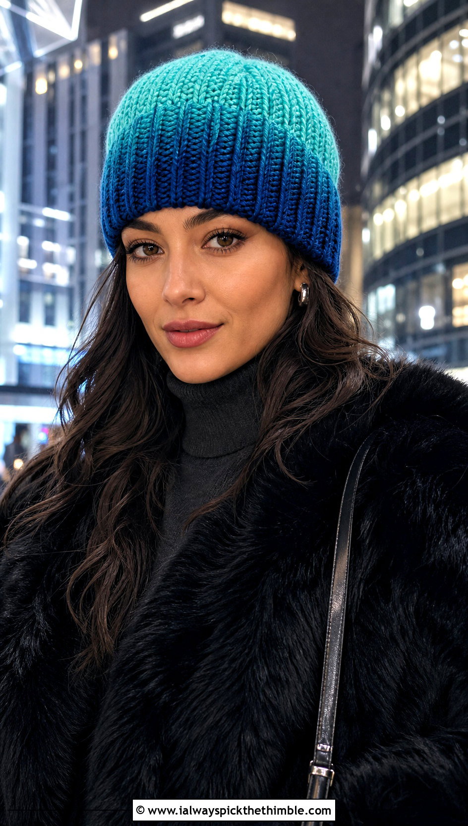 Ombre Crochet Ribbed Beanie With Faux Fur Jacket - 20 easy crochet ribbed beanie outfit ideas