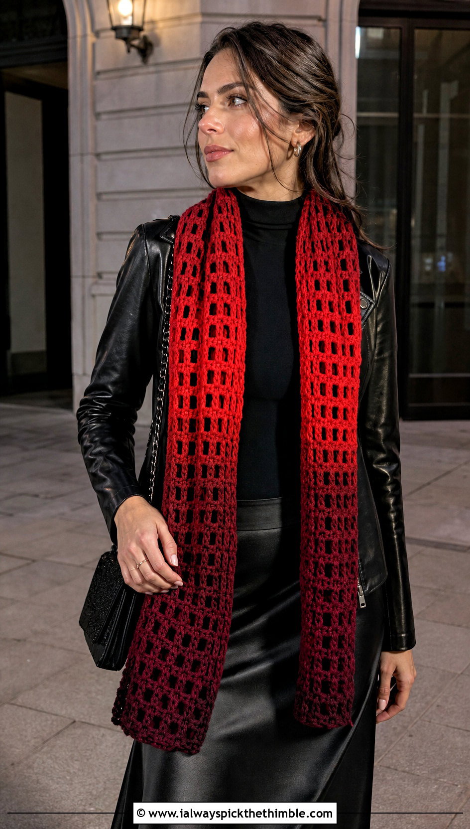 Ombre Crochet Road Trip Scarf With Leather Jacket - 15 Crochet Road Trip Scarf outfit ideas
