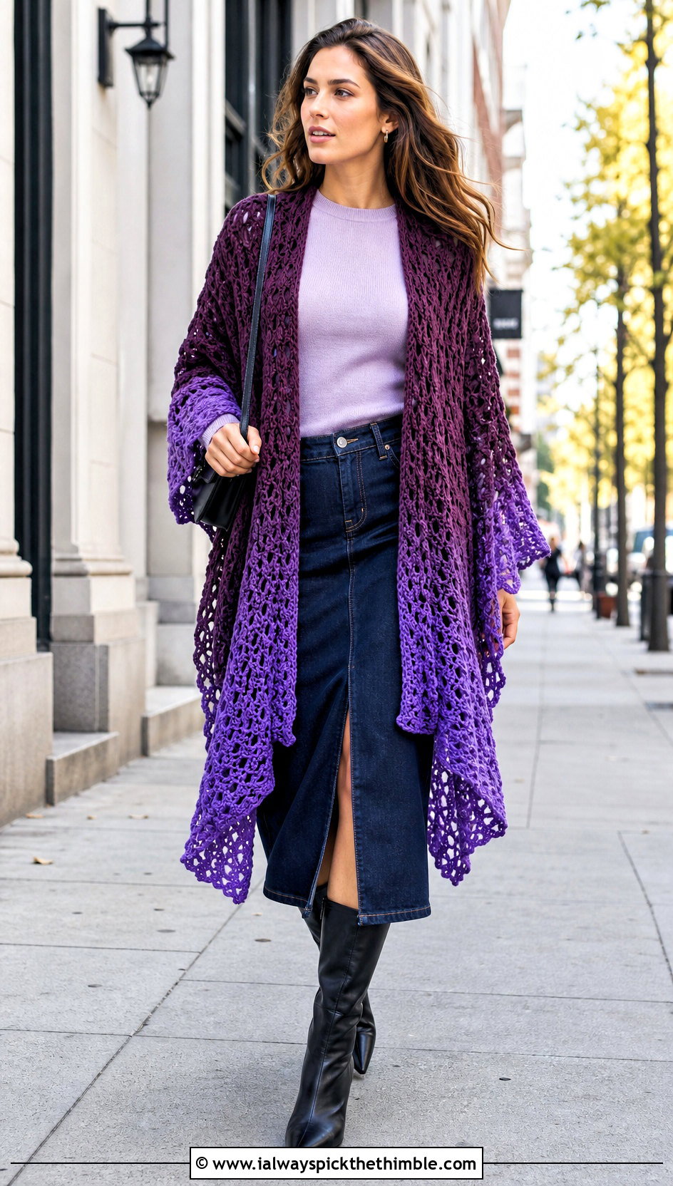 Ombre Crochet Ruana With Denim Midi Skirt - 25 crochet ruana outfit ideas